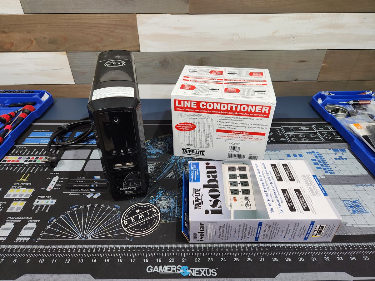 Here are the items I recommend ALL computers should be plugged into! You would be surprised how dirty the electrical quality is in some buildings.

Ideal Setup:
Wall outlet to Tripp-Lite Line Conditioner (Power Conditioner), then a UPS like I mention below, then Computer and