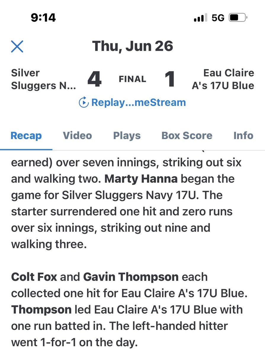 Gavin Thompson (@gavin6thompson) on Twitter photo Well fought loss to start the tournament. Looking to bounce back today.
1/1
2 BB
1 RBI
<a href="/Pio_Baseball/">Carroll Baseball</a> <a href="/JacobYellovich/">Jacob Yellovich ⚾</a> <a href="/PrepBaseballWI/">Prep Baseball Wisconsin</a> <a href="/eddymorgan/">Eddy “Skip” Morgan</a> <a href="/CoachBMcCabe/">Brian McCabe</a> <a href="/FlatgroundBats/">FLATGROUND Hitting</a> Well fought loss to start the tournament. Looking to bounce back today.
1/1
2 BB
1 RBI
<a href="/Pio_Baseball/">Carroll Baseball</a> <a href="/JacobYellovich/">Jacob Yellovich ⚾</a> <a href="/PrepBaseballWI/">Prep Baseball Wisconsin</a> <a href="/eddymorgan/">Eddy “Skip” Morgan</a> <a href="/CoachBMcCabe/">Brian McCabe</a> <a href="/FlatgroundBats/">FLATGROUND Hitting</a>