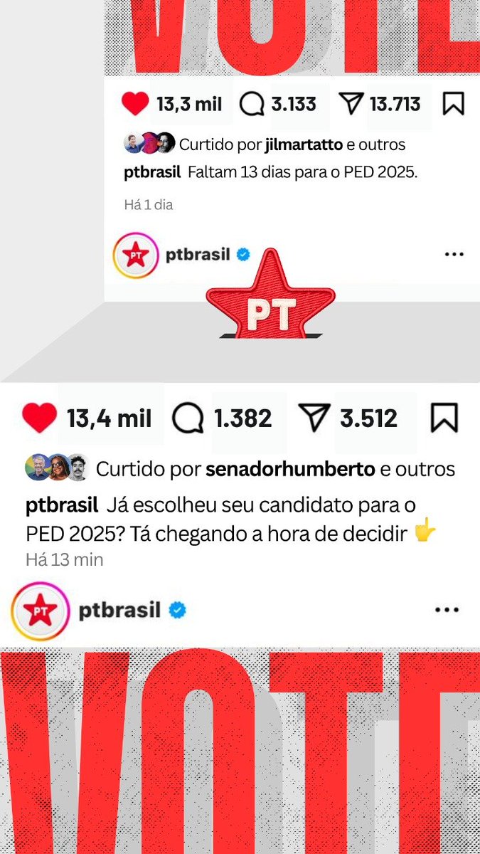 ptbrasil's tweet photo. Faltam poucos dias para o PED 2025! 🗳 Já escolheu quem vai fortalecer o nosso partido? É hora de decidir o futuro do PT.
A votação é dia 06/07, no próximo domingo.
#PED2025 #VotePT https://t.co/AoO01iqyvs