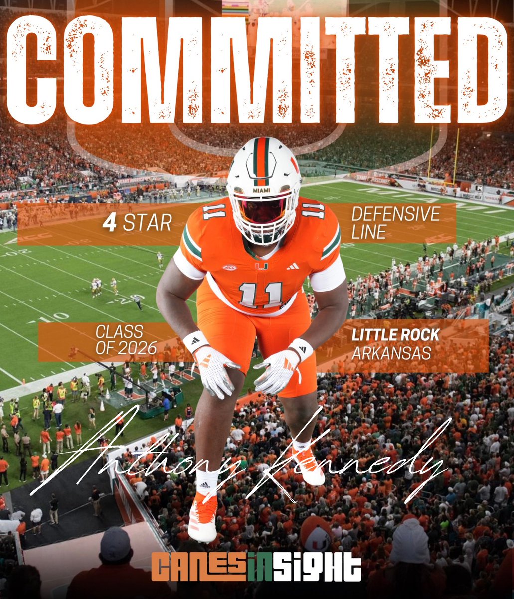 canes_muse's tweet image. 🚨BREAKING🚨

2026 4-Star DL Anthony Kennedy has committed to Miami. 

The 6’5 330 defensive tackle chose Miami over Missouri, Georgia, and SMU.