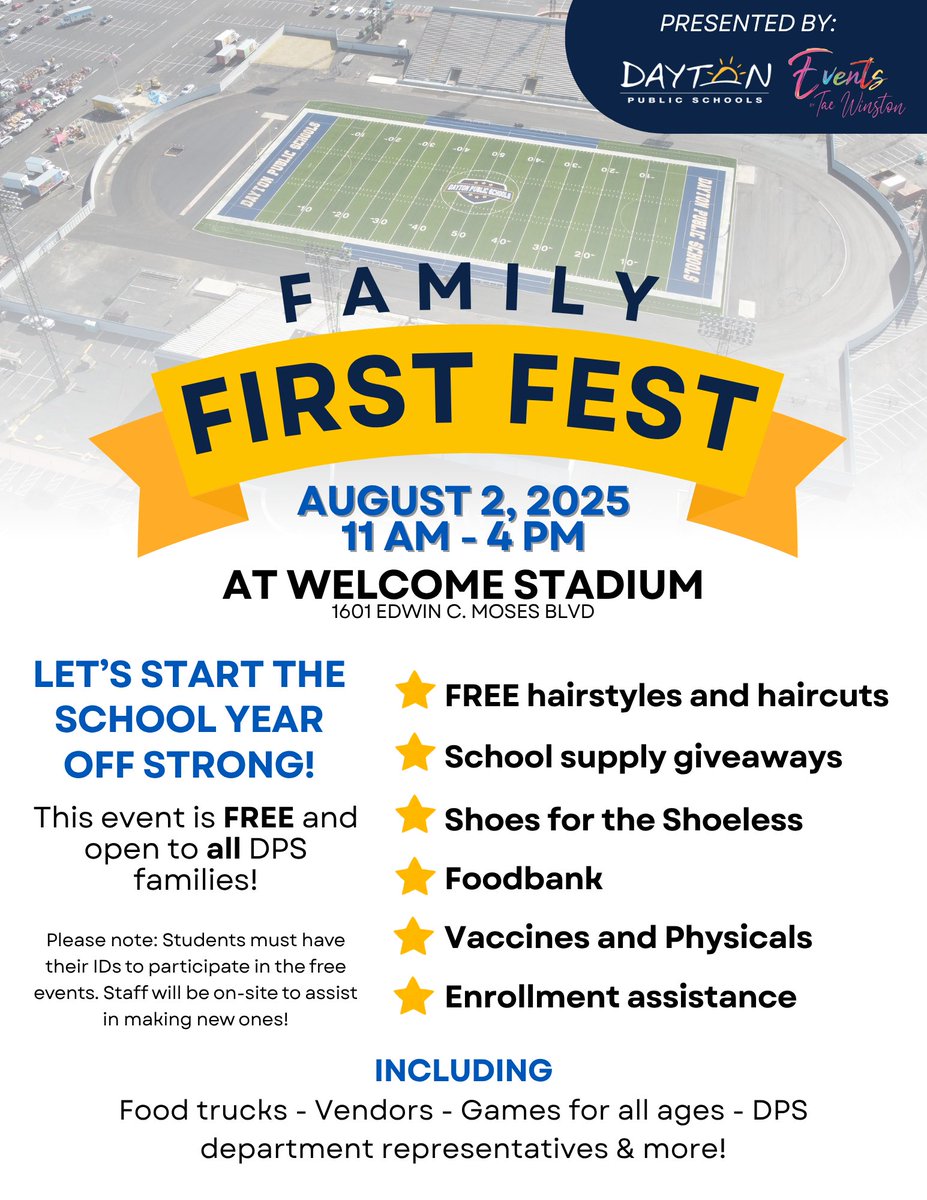 FAMILY. FIRST. FEST!

DPS is hosting a back-to-school event for students of all ages!

This event will have
⭐ Free haircuts and styles
⭐ School supply giveaways
⭐ Shoes for the Shoeless
⭐ The Foodbank and more!

August 2nd from 11 AM - 4 PM at Welcome Stadium! See you there!