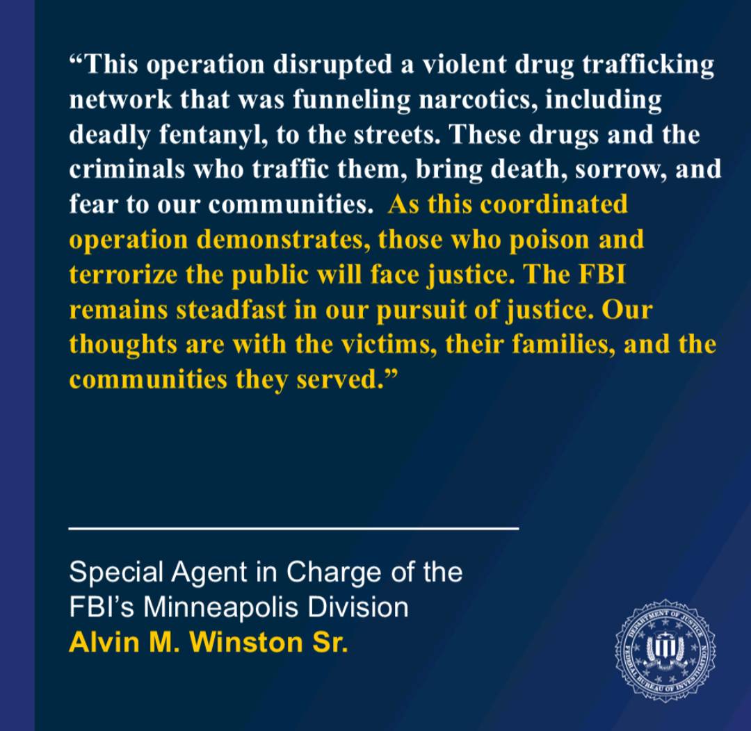 FBIMinneapolis's tweet image. Nine Members of 36th and Penn “Big Sip” Drug Trafficking Organization Indicted on Fentanyl Conspiracy and Firearms Charges
Read More: ow.ly/NpgU50WhOwG