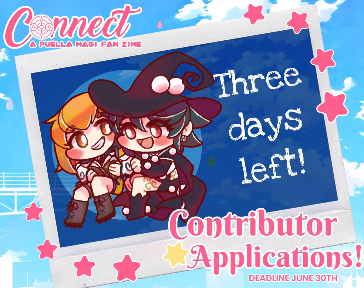 ☁︎ CONTRIBUTOR APPLICATIONS REMINDER ☁︎

Contributor applications for Connect close in just 3 days, on June 30th! If you are interested, please apply using the link!

Link: forms.gle/s1TBM1ofHJRsfL…

#MadokaMagica #madoka_exedra #マギレコ #まどドラ生放送 #魔法少女まどかマギカ