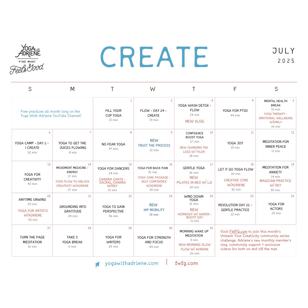 Your JULY Yoga Calendar is here!🎨 This month: CREATE. July brings an invitation to find your creative ritual. It is an initiation of your heart's song. Learn more about July's curation of practices by checking out the calendar at the link below! 

yogawithadriene.com/calendar/