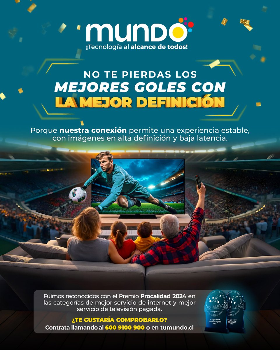 📺 La mejor entretención está donde la conexión es de calidad. 

Por eso fuimos reconocidos con el premio Procalidad 2024 por ofrecer el mejor internet y TV pagada.

Contrata en tumundo.cl, llama al 600 9100 900 o visita tu sucursal más cercana.

#Mundo #TuMundo