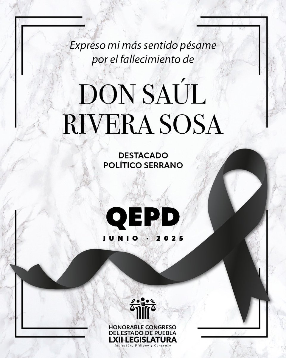 Con tristeza me entero del fallecimiento de don Saúl Rivera Sosa, referente de la política poblana y serrana.
Un abrazo solidario a su familia.
Mis oraciones con ellos.
Descanse en paz.