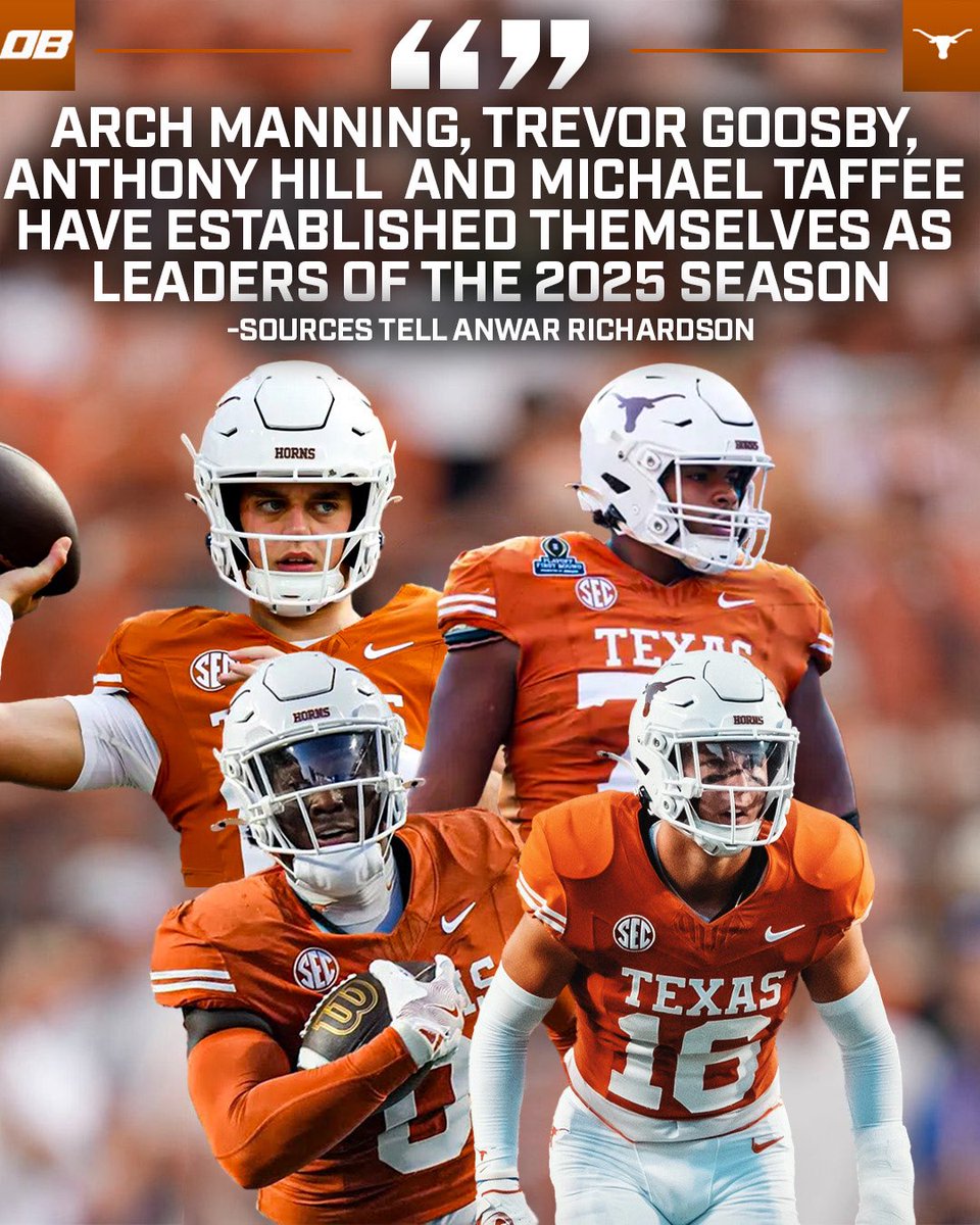 Roles are starting to take place on the 40 Acres 👀🤘

“Arch Manning, Trevor Goosby, Anthony Hill and Michael Taffee have established themselves as leaders of the 2025 season” sources tell <a href="/AnwarRichardson/">Anwar Richardson</a> 

🔗Read more here🔗: texas.forums.rivals.com/threads/the-tc…