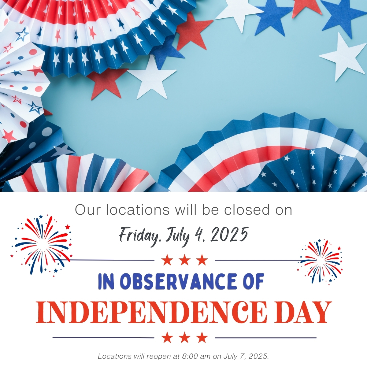 All DMV locations will be closed on Friday, July 4th, 2025, in observance of Independence Day. We will reopen on Monday, July 7th at 8:00 am. #4thofjuly