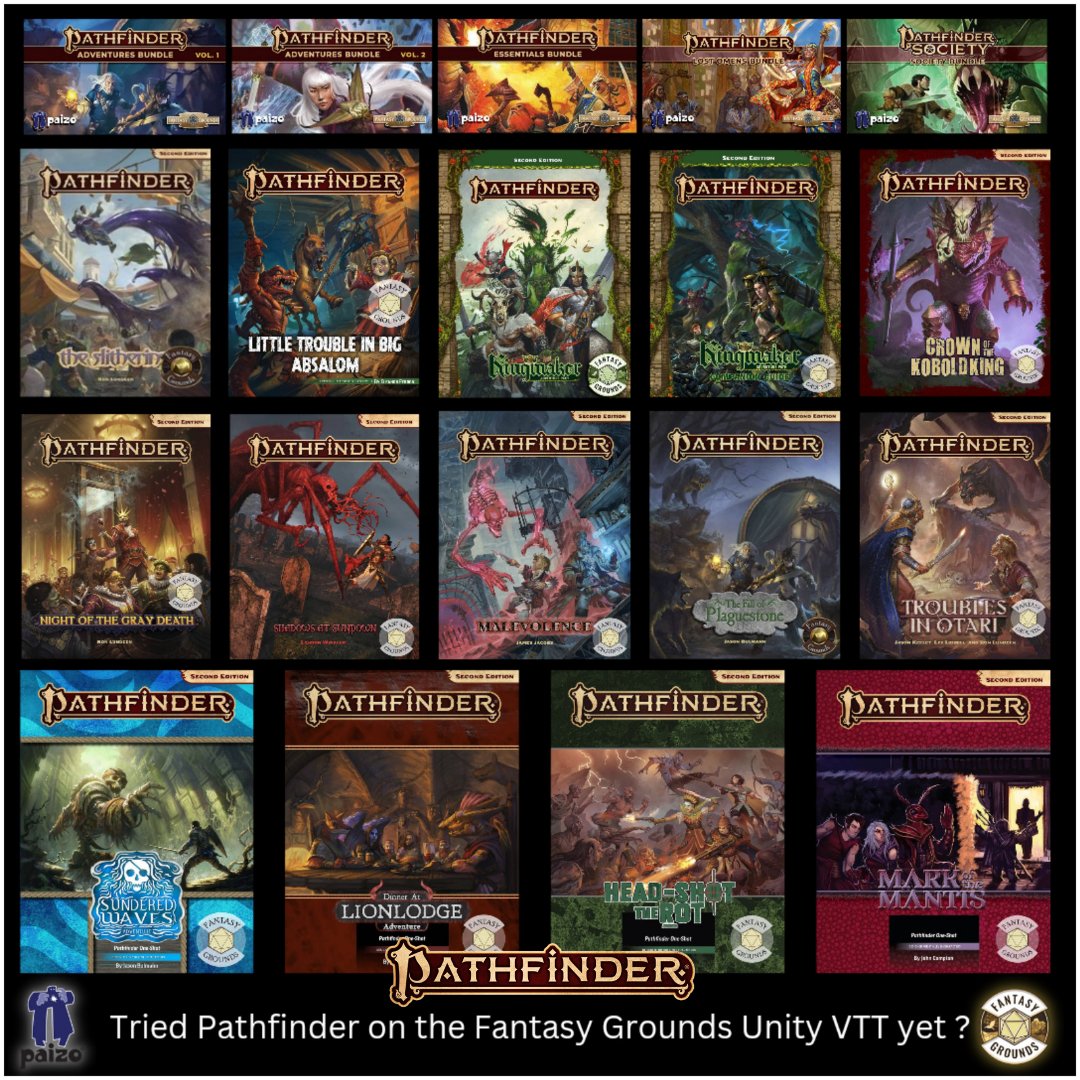 zurl.co/IhAi
Experience the full potential of the Pathfinder 2E RPG through the Fantasy Grounds Unity virtual tabletop platform. With Bundle Discounts on select items, account synchronization between the Fantasy Grounds Store and the Paizo digital store, and tons of