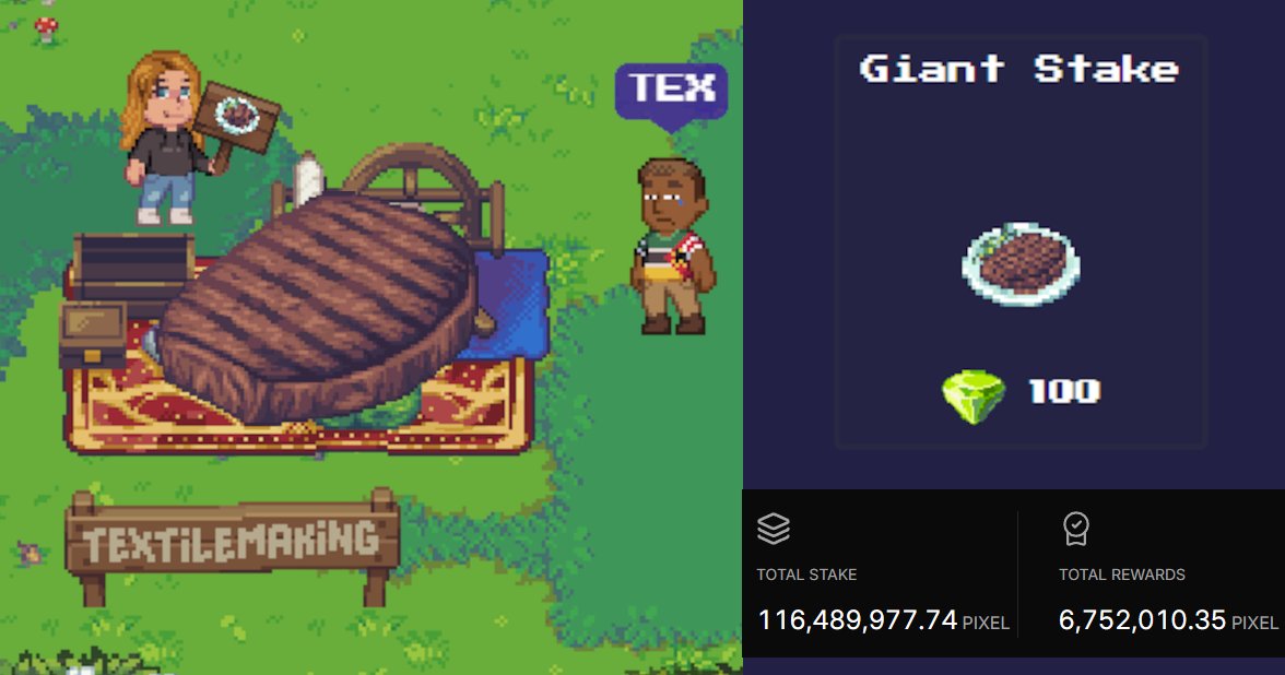Pixels staking is over 115M $PIXELS, and things have been getting weird ever since in Terravilla 😂 Steaks falling from the sky! 
Come in front of the bank and grab your own Giant Stake to decorate your Speck! 🥩