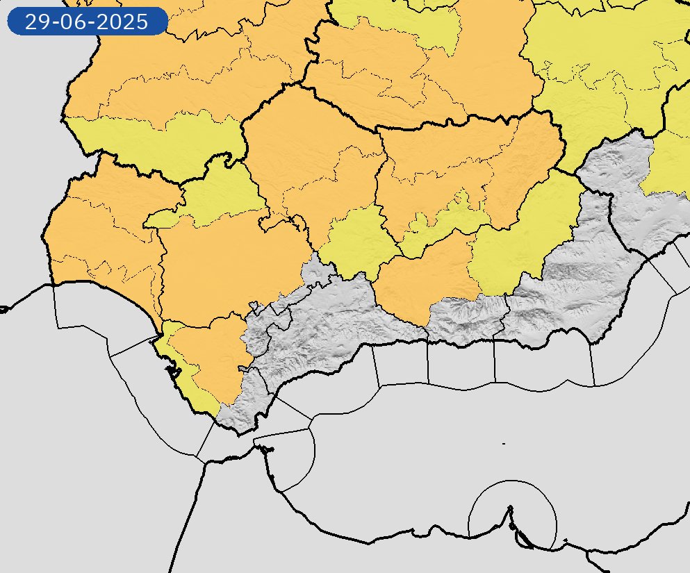 28/06 00:06 Avisos  activos hoy y mañana en Andalucía por temperaturas máximas y costeros. Nivel máximo de aviso: naranja.
Actualizaciones en aemet.es/es/eltiempo/pr…