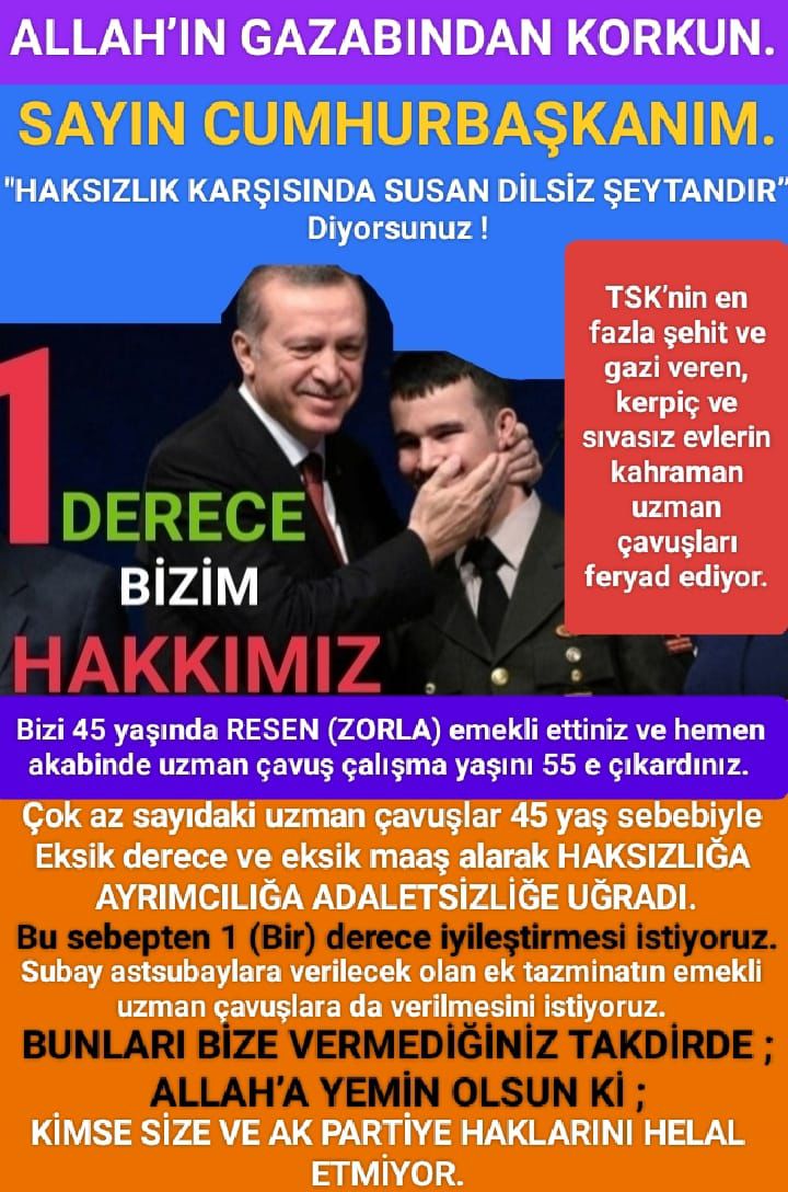 <a href="/ibrahim_0634/">İbrahim Akduman (1)</a> <a href="/slamGKSAL127401/">GÖKSAL İSLAM TEMUD İSTANBUL ŞUBE</a> <a href="/alitilkici38/">Ali Tilkici 🇹🇷</a> <a href="/TEMUD_2024/">TEMUD Türkiye Emekli Uzman Erbaşlar Derneği</a> <a href="/RTErdogan/">Recep Tayyip Erdoğan</a> <a href="/tcsavunma/">T.C. Millî Savunma Bakanlığı</a> <a href="/tcbestepe/">T.C. Cumhurbaşkanlığı</a> <a href="/TC_icisleri/">T.C. İçişleri Bakanlığı</a> <a href="/_cevdetyilmaz/">Cevdet Yılmaz</a> <a href="/TBMMGenelKurulu/">TBMM Genel Kurulu</a> <a href="/hulusiakarmedya/">Hulusi AKAR</a> <a href="/Akparti/">AK Parti</a> <a href="/nacibostanci/">M. Naci Bostancı</a> <a href="/akbasogluemin/">Av. M.Emin AKBAŞOĞLU 🇹🇷</a> <a href="/AliYerlikaya/">Ali Yerlikaya</a> <a href="/UlviYonter/">Dr.İzzet Ulvi YÖNTER</a> <a href="/dbdevletbahceli/">Devlet Bahçeli</a> <a href="/mustafaelitas/">Mustafa Elitaş</a> <a href="/erkanakcay45/">Erkan Akçay</a> <a href="/dijital/">Dijital</a> <a href="/Haber24Turkiye/">HABER24</a> <a href="/ErcanSeki/">ERCAN SEKİ</a> <a href="/AACanli/">AA Canlı</a> <a href="/ihacomtr/">İhlas Haber Ajansı</a> <a href="/dhainternet/">Demirören Haber Ajansı</a> <a href="/ahaber/">A Haber</a> <a href="/trthaber/">TRT HABER</a> <a href="/Pes24com/">PES24ᅠᅠᅠᅠᅠᅠᅠᅠᅠᅠᅠᅠᅠᅠᅠᅠᅠᅠᅠᅠᅠᅠᅠᅠᅠᅠᅠᅠᅠᅠᅠᅠᅠᅠᅠᅠᅠᅠᅠᅠᅠᅠᅠ</a> <a href="/atvcomtr/">atv</a> <a href="/ntv/">NTV</a> <a href="/startv/">STAR TV</a> <a href="/Kamubiz_com/">Kamubiz.com WhatsApp: 0534 412 78 55</a> <a href="/tgrthabertv/">TGRT HABER</a> <a href="/kamudanhaber/">Kamudanhaber🇹🇷</a> <a href="/memurlarnet/">MemurlarNet</a> <a href="/internethaber/">internethaber.com</a> <a href="/memetsimsek/">Mehmet Simsek</a> <a href="/HMBakanligi/">T.C. Hazine ve Maliye Bakanlığı</a> Düşük maaş derecelerinde zorla emekliliğe sevk edilerek
Geçim sıkıntısı yaşatılan
Emekli #UzmanÇavuş'lara verilen tazminat sözünün bir an önce <a href="/HMBakanligi/">T.C. Hazine ve Maliye Bakanlığı</a>'mız Sayın <a href="/memetsimsek/">Mehmet Simsek</a> tarafından onaylanmasını bekliyoruz
<a href="/RTErdogan/">Recep Tayyip Erdoğan</a>
<a href="/dbdevletbahceli/">Devlet Bahçeli</a>
#EmekliMemur 
#MemurEmeklisineAdalet