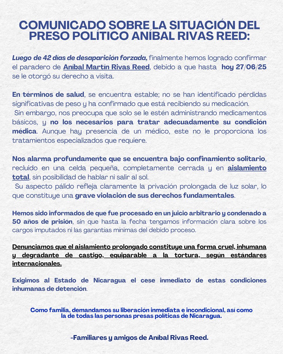 RECHAZAMOS PROFUNDAMENTE LA CONDENA ILEGAL A MI PAPÁ!

50 años de cárcel por “traición a la patria”, esa misma patria que ellos ultrajan, saquean, violentan y expulsan.