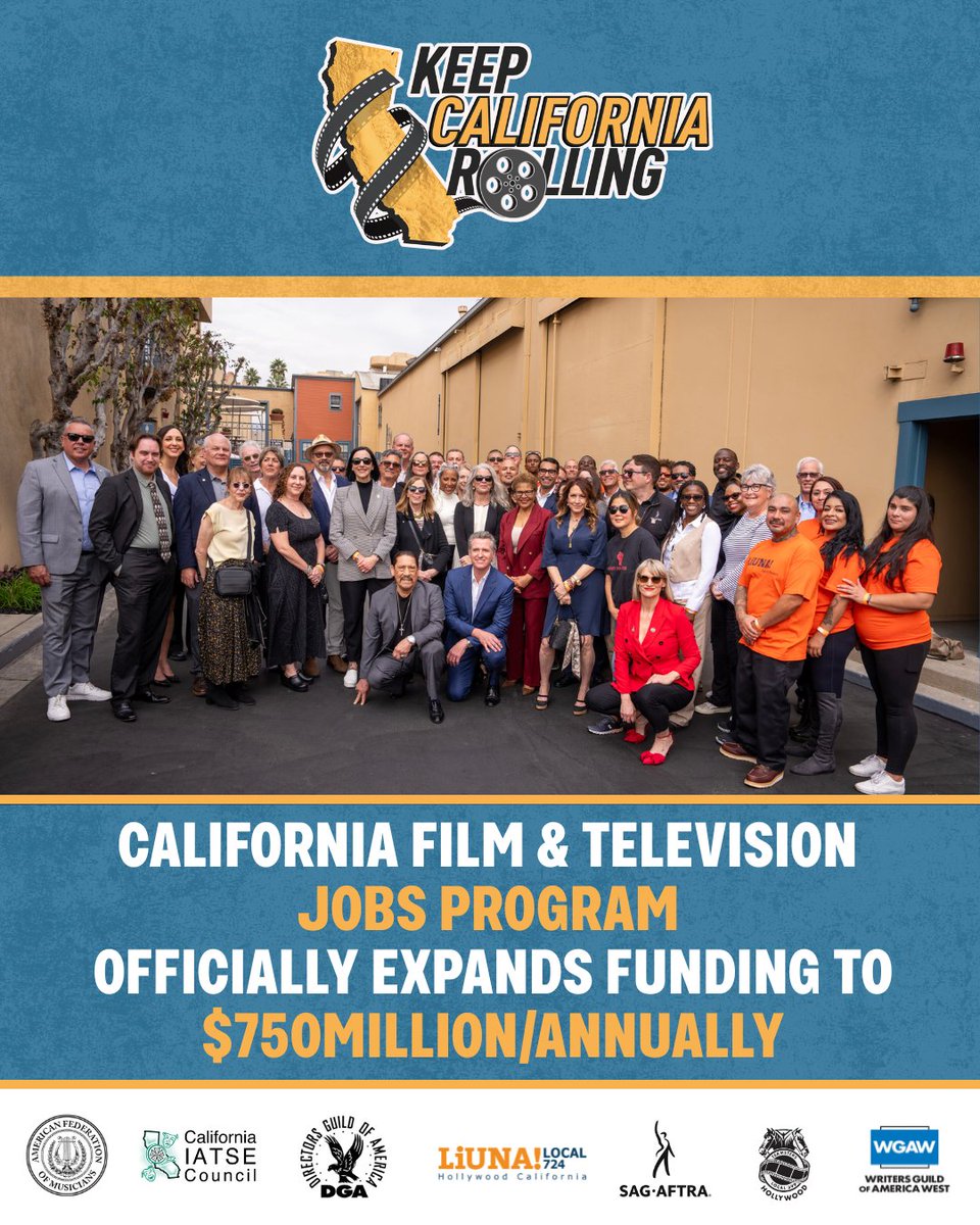 WGAWest's tweet image. We are thrilled to announce that the California Film & TV Jobs Program has officially expanded funding to $750 million annually!💪#KeepCaliforniaRolling #UnionStrong
