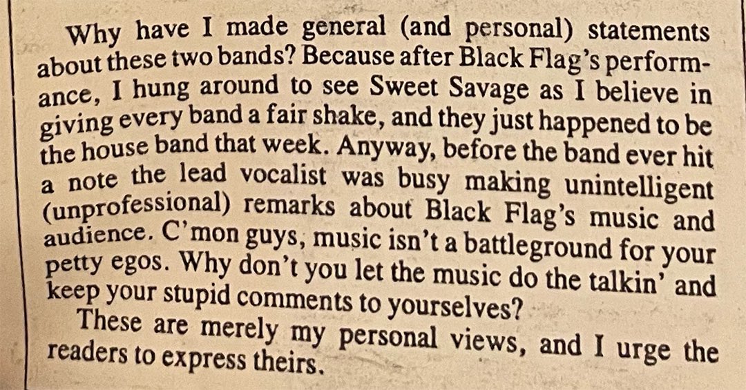 That one time Sweet Savage played a gig with Black Flag in 1986…scathing and hilarious review of this unlikely double bill: