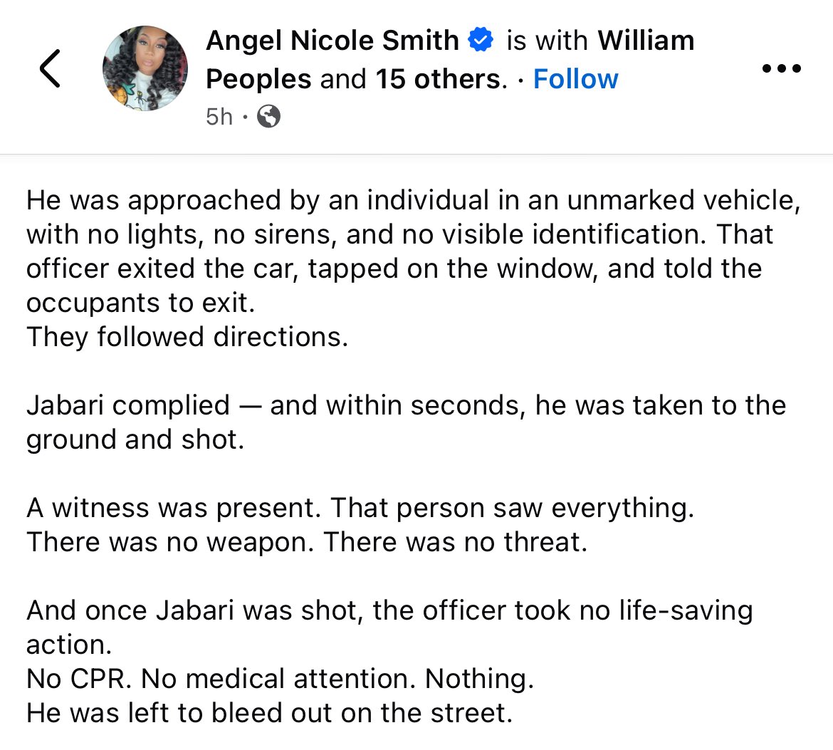 Nprezzed's tweet image. This is 18 year old #JabariPeoples it was reported he was in an officer involved shooting in Homewood,Alabama
The family along with a witness are denying these claims. They have yet to show the family the body cam footage after several days and they demand justice.