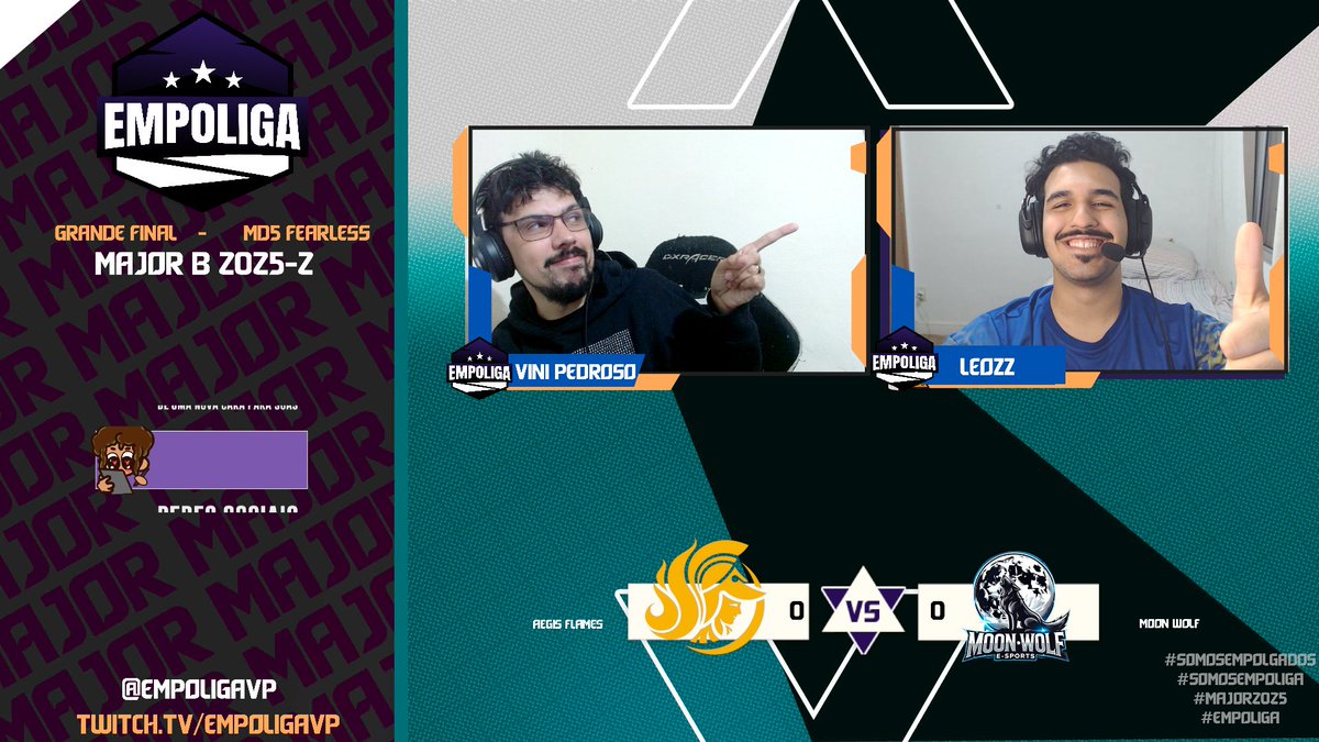 ESTAMOS AO VIVO E COM CONVIDADO ESPECIAL!

A final da #MajorB entre <a href="/aegisflames/">Aegis Flames</a> e <a href="/mwe_lol/">Moon Wolf e-Sports</a> começa agora!

E teremos a presença do <a href="/leosalves_/">Leozika</a> de volta pra despedida da empo! Uma voz marcante marcando a finalzeira da B!

twitch.tv/empoligavp