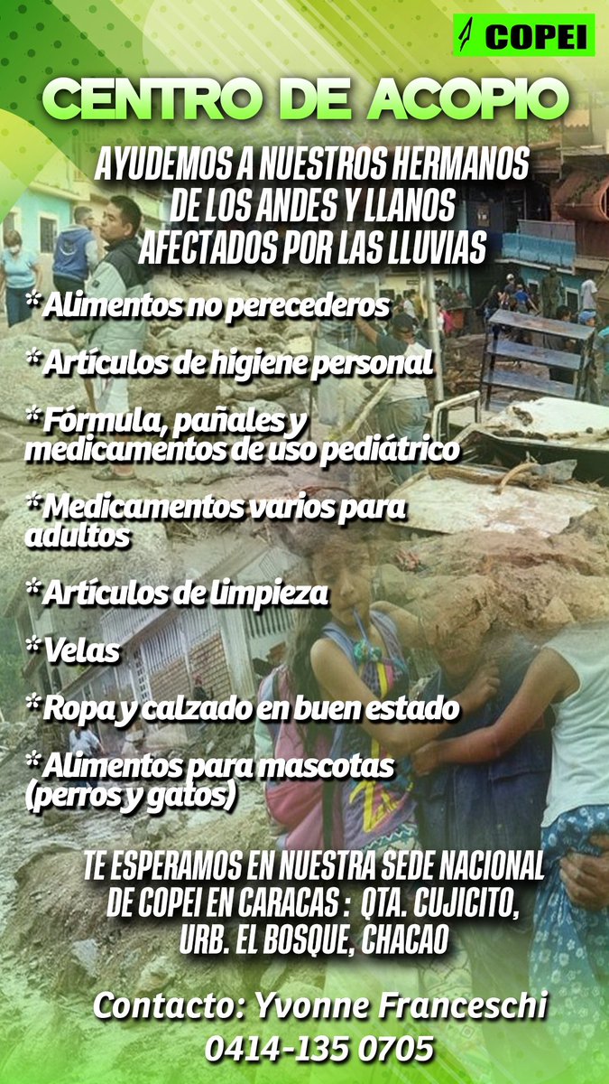 Copei será centro de acopio para apoyar a los valientes pueblos de Mérida, Táchira, Trujillo, Barinas y Portuguesa.

Reconocemos su resiliencia, espíritu y belleza.

Les enviamos nuestra solidaridad y esperanza, confiando en su fortaleza para superar esta adversidad.