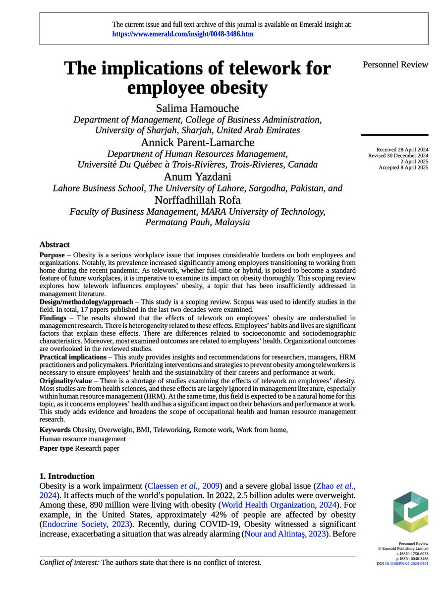 Personnel Review (@personnelreview) on Twitter photo Paper spotlight: Salima Hamouche (<a href="/shamouche/">Dr. Salima_Hamouche</a>), Annick Parent-Lamarche, Anum Yazdani, Norffadhillah Rofa – The implications of telework for employee obesity. See thread below for key takeaways from this research. (1/4)
emerald.com/insight/conten… Paper spotlight: Salima Hamouche (<a href="/shamouche/">Dr. Salima_Hamouche</a>), Annick Parent-Lamarche, Anum Yazdani, Norffadhillah Rofa – The implications of telework for employee obesity. See thread below for key takeaways from this research. (1/4)
emerald.com/insight/conten…