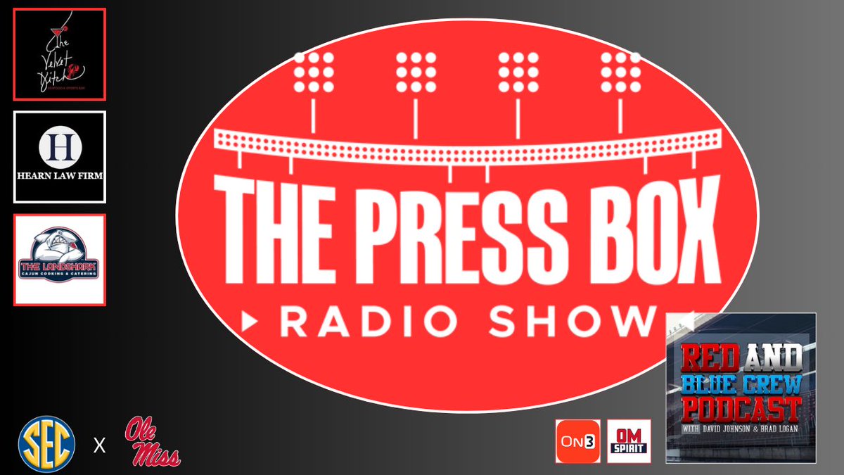 RedBlueCrewPod's tweet image. 🎙️NEW PODCAST🎙️
Brad Logan (@BradLoganCOTE) joined the @PressBoxRadio1 team this morning to talk all things Ole Miss.
-Presented by: The Landshark, The Velvet Ditch, The Hearn Law Firm (@PhilipHearn5)
LISTEN: bleav.com/shows/red-and-…
FULL SHOW: pressboxradio.com