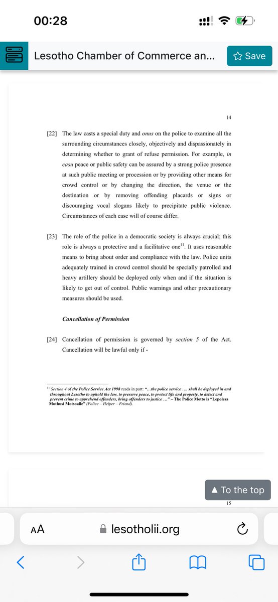 A decision from Lesotho: the High Court reminds police that their duty in a democracy is always protective and facilitative. They were reminded that Lesotho is not a police state and they should be inclined towards issuing the permit even where they disagree with the purpose.