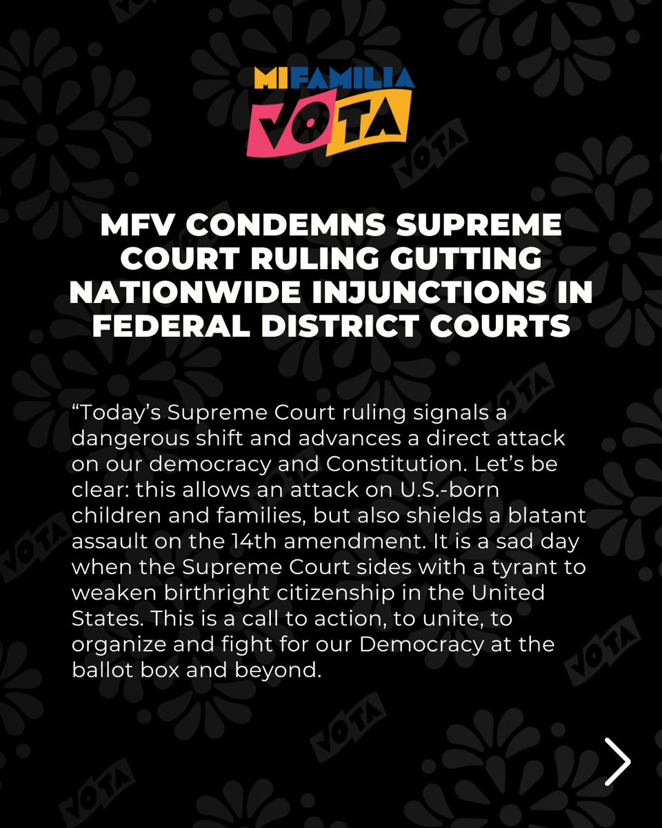 MiFamiliaVota's tweet image. President and CEO @hesanche issued the following statement in response to today’s Supreme Court ruling gutting nationwide injunctions in federal district courts.
Read full statement: mifamiliavota.org/supreme-courts…