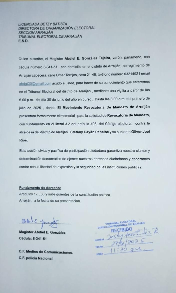 Moises Magallon (@magallonmo25805) on Twitter photo Arraiján se prepará para salir a las calles y recoger firmas para Revocar a la alcaldesa y el vice alcalde de Arraiján <a href="/LuisTejeira9/">Luis Tejeira</a> <a href="/tvnnoticias/">TVN Noticias</a> <a href="/TReporta/">Telemetro Reporta</a> <a href="/criticaenlinea/">Diario Critica.Pa</a> <a href="/alcarraijan/">Arraijan en la noticia</a> <a href="/PanamaAmerica/">PanamáAmérica</a> <a href="/revistaoeste/">Revista Oeste</a> <a href="/AbdielTejeira/">abdiel tejeira</a> <a href="/oeste/">Aaron West</a> <a href="/MejorDArraijan/">Lo Mejor De Arraiján</a> <a href="/bomberosoeste/">Emergencias DecimaProvincia</a> Arraiján se prepará para salir a las calles y recoger firmas para Revocar a la alcaldesa y el vice alcalde de Arraiján <a href="/LuisTejeira9/">Luis Tejeira</a> <a href="/tvnnoticias/">TVN Noticias</a> <a href="/TReporta/">Telemetro Reporta</a> <a href="/criticaenlinea/">Diario Critica.Pa</a> <a href="/alcarraijan/">Arraijan en la noticia</a> <a href="/PanamaAmerica/">PanamáAmérica</a> <a href="/revistaoeste/">Revista Oeste</a> <a href="/AbdielTejeira/">abdiel tejeira</a> <a href="/oeste/">Aaron West</a> <a href="/MejorDArraijan/">Lo Mejor De Arraiján</a> <a href="/bomberosoeste/">Emergencias DecimaProvincia</a>