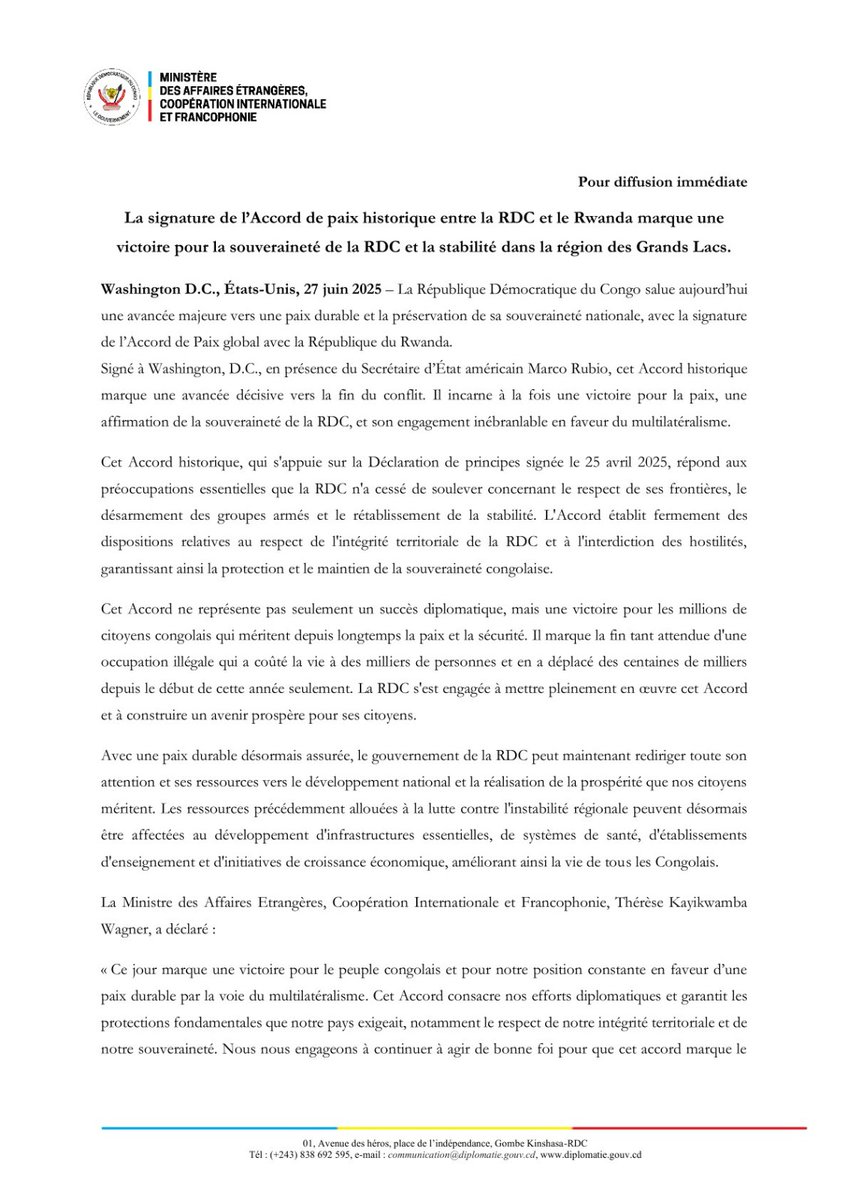 mathymous's tweet image. L'accord entre la RDC et le Rwanda porte sur le respect de l'intégrité territoriale, désengagement et Désarmement des groupes armés , coordination sécuritaire conjointe, retour des réfugiés et aide humanitaire et vers une intégration économique. @JosephineMawete