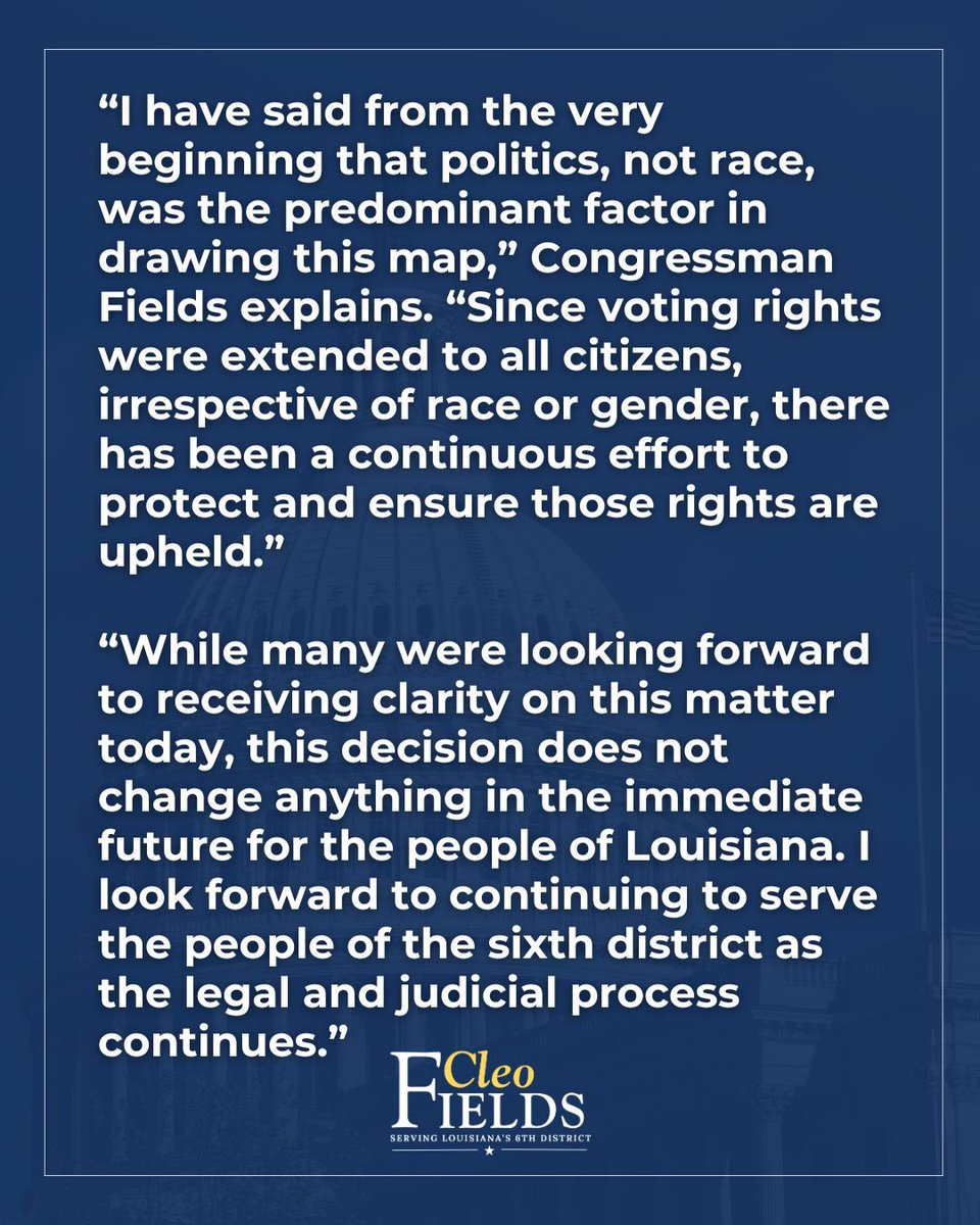 The seat I currently hold was created by the Louisiana legislature last January. Today we were expecting the Supreme Court to rule on whether the current map will be in place for the remainder of this decade. 

Unfortunately the Supreme Court did not issue a final ruling and will