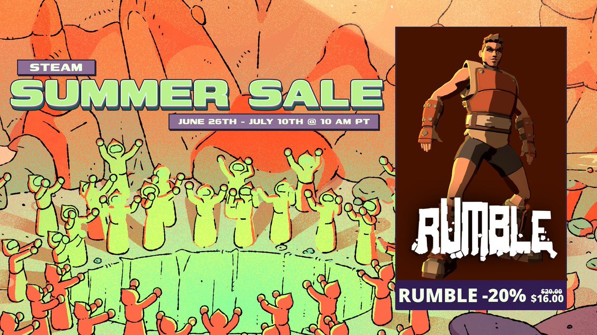 The Steam Summer Sale has started again! And RUMBLE is now 20% off! 🤑
Wanna play it, but for less than $20? Then buy it now! 🏃‍♀️‍➡️

#discount #SteamSale #SummerSale #Summer #gaming #VR #VirtualReality #RUMBLE