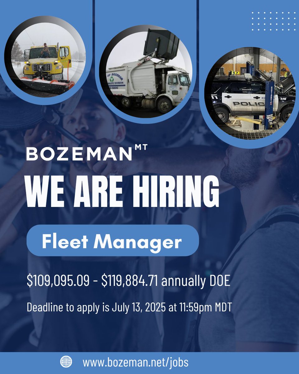 The City of Bozeman is now accepting applications for a Fleet Manager to ensure City vehicles and equipment are well-maintained and ready to serve the community. 
💰$109,095.09 - $119,884.71/year DOE
📖 Paid Training Opportunities
📝 Apply by July 13th, 2025 @ 11:59pm MDT