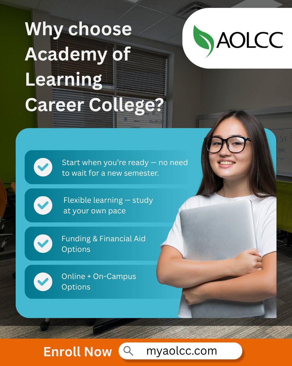 myAOLCC's tweet image. 🏫 Why choose Academy of Learning Career College?

#WhyAOLCC #FlexibleLearning #CareerCollege #StudentSupport