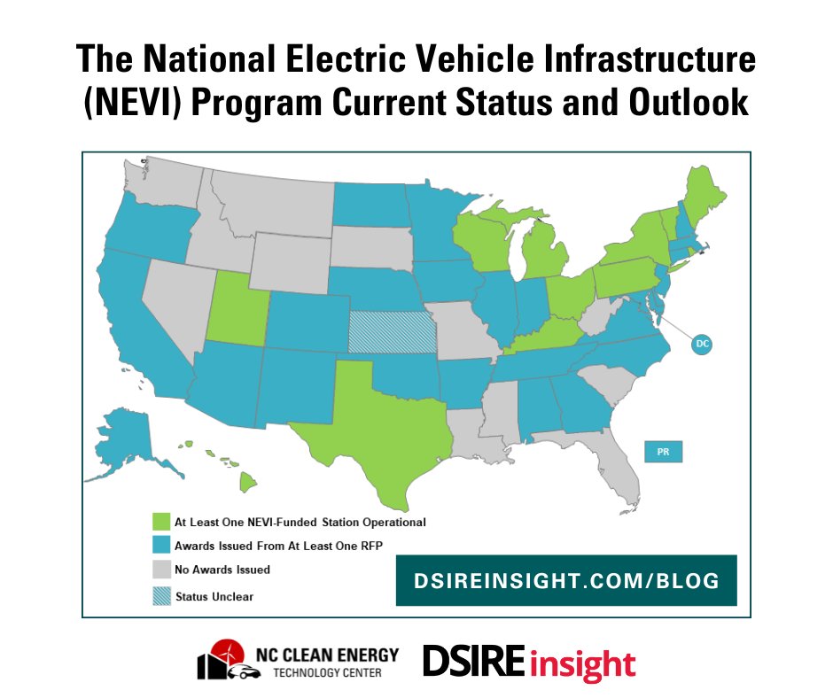 Each month, the DSIRE team releases a blog post on DSIRE Insight about a different energy topic. This month, Senior Project Manager, Brian Lips, outlines the current status of the NEVI Program. Read more at dsireinsight.com/blog/2025/6/18… 🔌 🚗

#electricvehicles #policytracking
