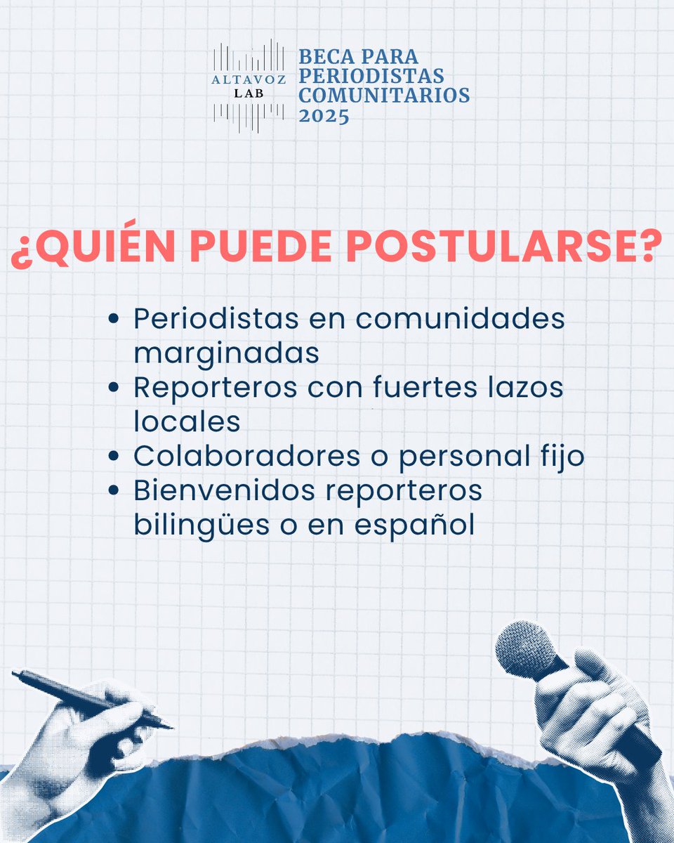 Altavoz_Lab's tweet image. ¿Estás pensando en postular a la beca de Altavoz Lab?
Esto es lo que incluye:
💰 Hasta $8K
🤝 Mentoría
📣 Apoyo en participación
🗓 Cierre: 18 de julio
Info: altavozlab.com/beca-para-peri…
#PeriodismoLatino #Beca