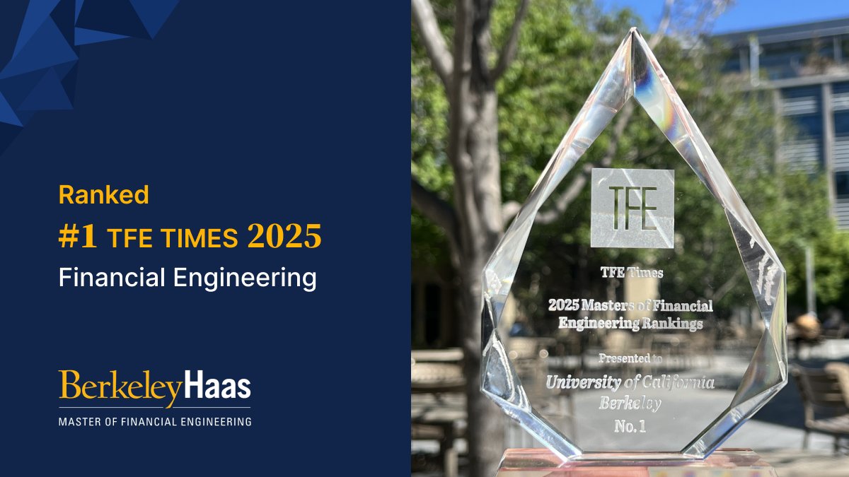 BerkeleyMFE's tweet image. We are ranked #1 again! 🎉
The Berkeley Haas MFE has been recognized as the #1 Financial Engineering Program by TFE Times 2025! Thank you to our faculty, students, alumni, and industry partners for making this possible. Go Bears! 💙💛
#HaasMFE #TFETimes2025 #FinancialEngineering