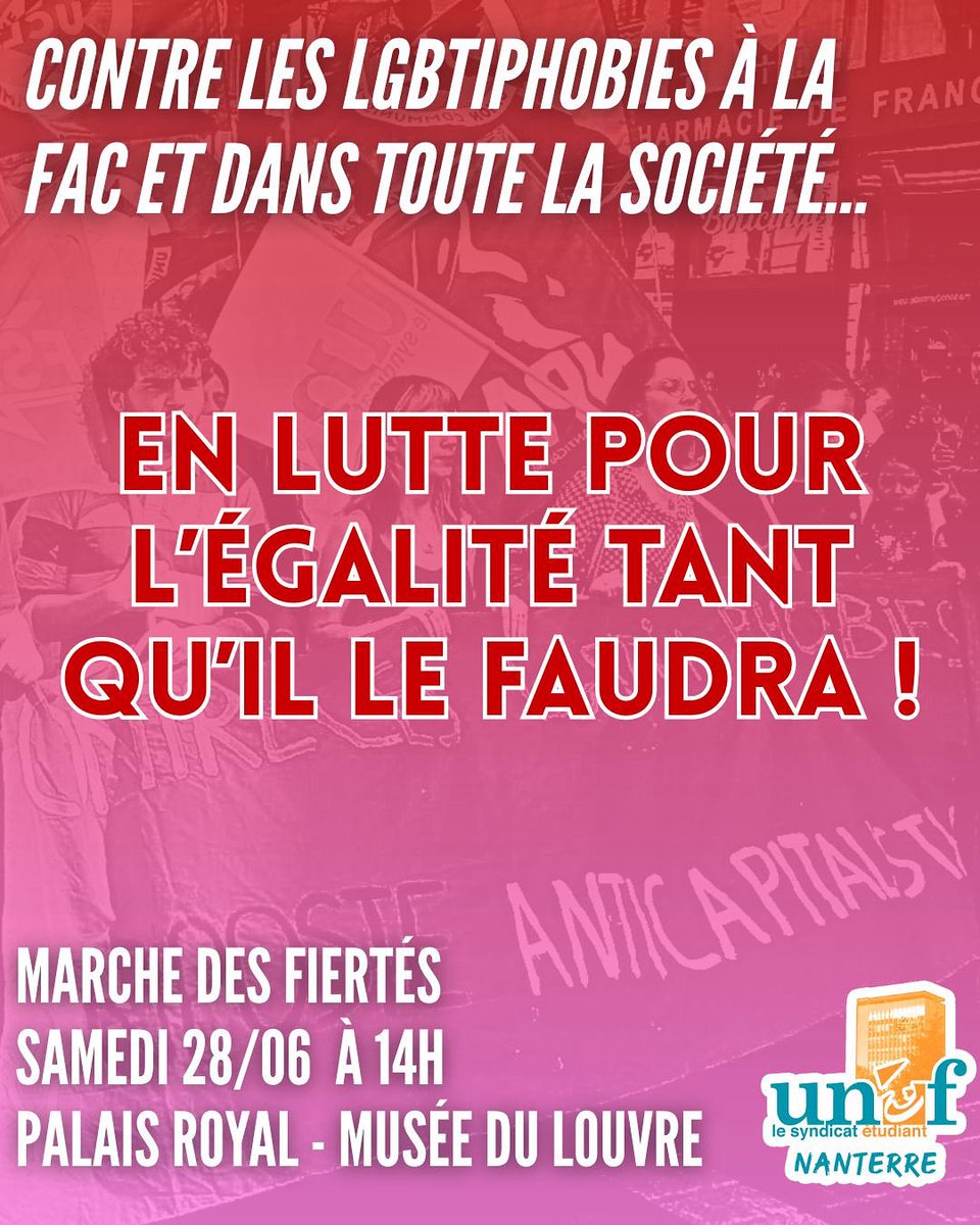 RDV demain samedi 28/06 à la Pride de Paris !
Contre les LGBTIphobies à la fac et dans toutes la société, on lutte pour l’égalité tant qu’il le faudra !

👉 14h, Palais Royal - Musée du Louvre