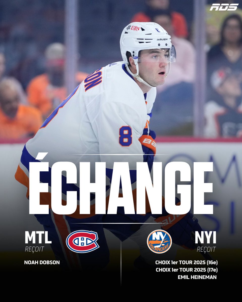 Noah Dobson s'amène à Montréal contre les deux choix de 1re ronde du repêchage de 2025 et Emil Heineman! 

Qui gagne la transaction selon toi? 😉

Tous les détails : shorturl.at/tjDO9
