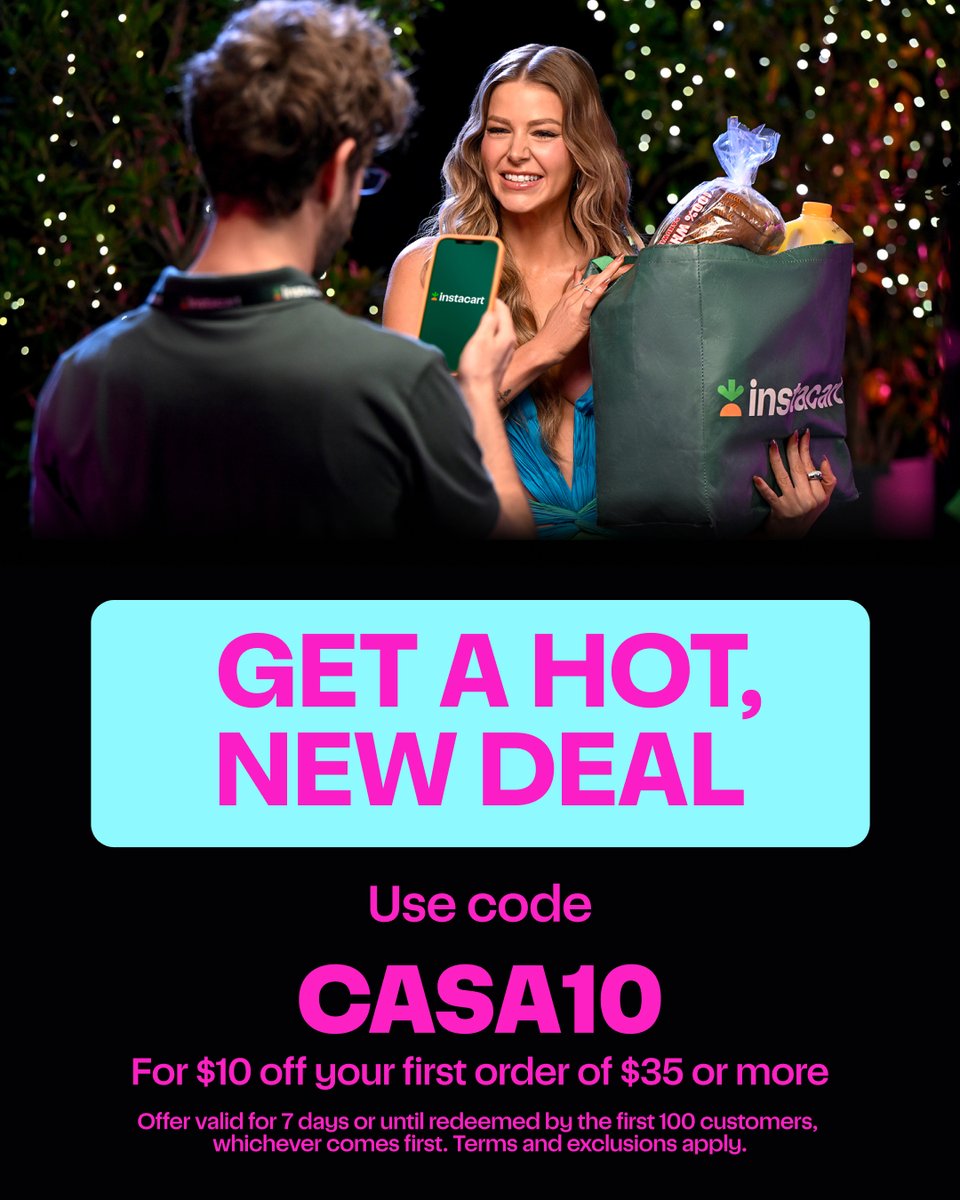 Instacart's tweet image. We know you’re watching, and we’re watching, too.

Casa Amor really turned up the heat so we’re matching their energy with a hot deal. Get it while it lasts, or before the first 100 redemptions. And keep enjoying Love Island USA, now streaming on Peacock.