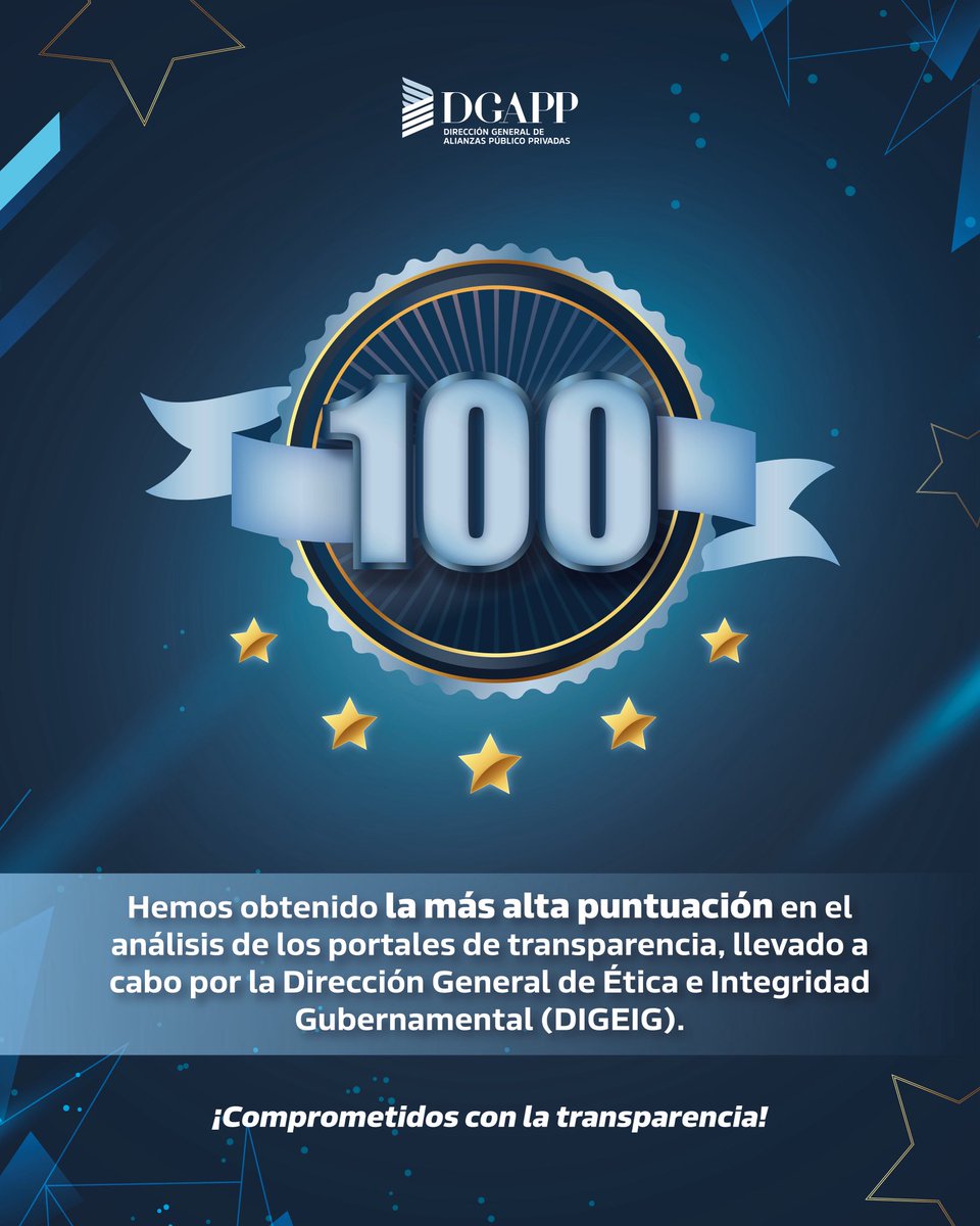¡Orgullo institucional! 🏆 Logramos un 100% en la evaluación de transparencia de la DIGEIG. Este es el resultado de nuestro firme compromiso con la #GestiónPública transparente y el acceso a la información. ¡Seguimos avanzando con buenas prácticas! #DGAPP #APP