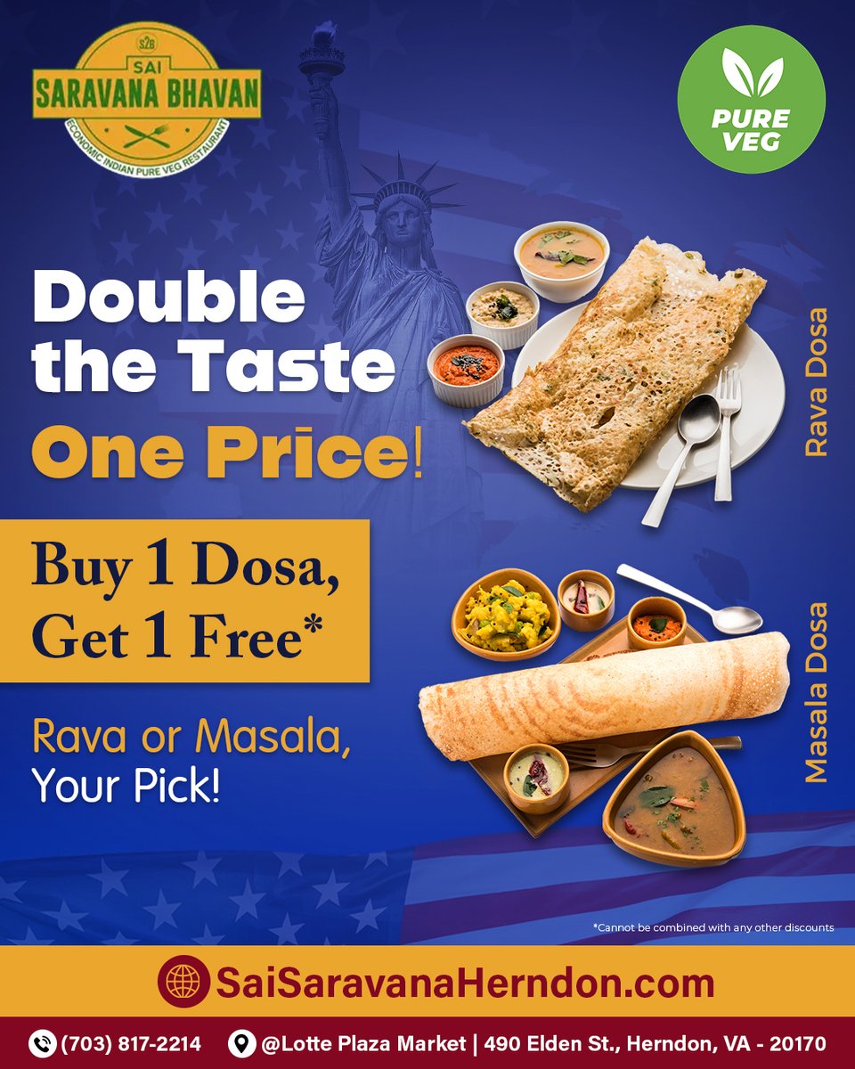 Saisaravanava's tweet photo. 🥳 Dosa Lovers, Rejoice! Buy 1 and Get 1 FREE – Masala Dosa or Rawa Dosa, your pick! 😍

Order Online👉: https://t.co/vBr8xPOScu

#DosaDeals #DosaLovers #BOGODeal #masaladosa #dosa #southindianfood #indianfood #breakfast #foodlover #southindiancuisine #dosalove #foodies https://t.co/pCVDhf0ip4