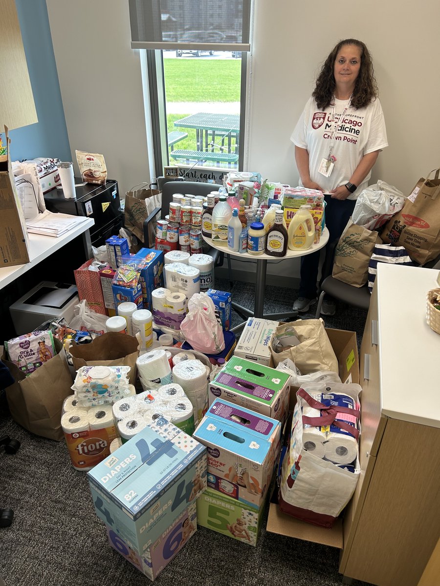 UChicagoMed's tweet image. Our Northwest Indiana team has already made an impact ahead of our Day of Service at St. Jude House! Employees donated nearly a room full of items from St. Jude House&apos;s wish list to support families impacted by domestic violence.