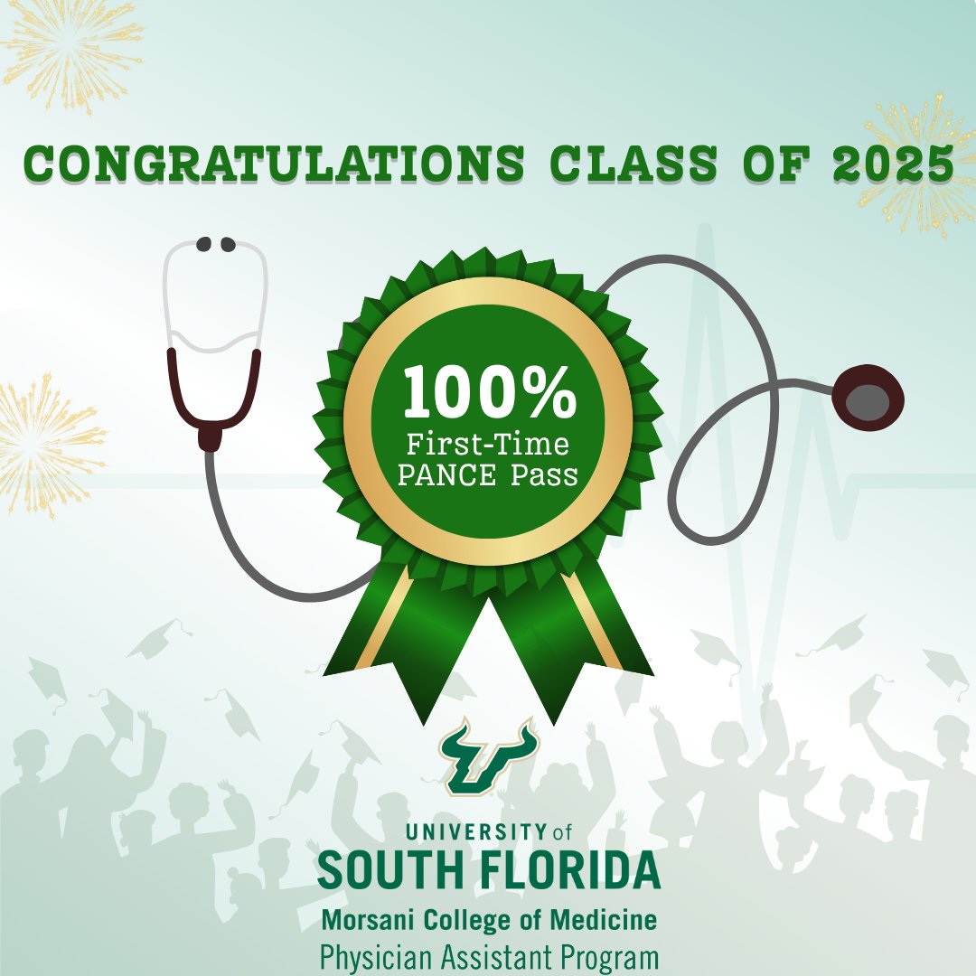 USFHealthMed's tweet image. We're incredibly proud to announce that every single student in the @USFHealth #MCOM Physician Assistant Program #Classof2025 has passed! Your hard work, dedication and resilience paid off — and we couldn’t be prouder. Here's to success, teamwork and excellence! #GoBulls