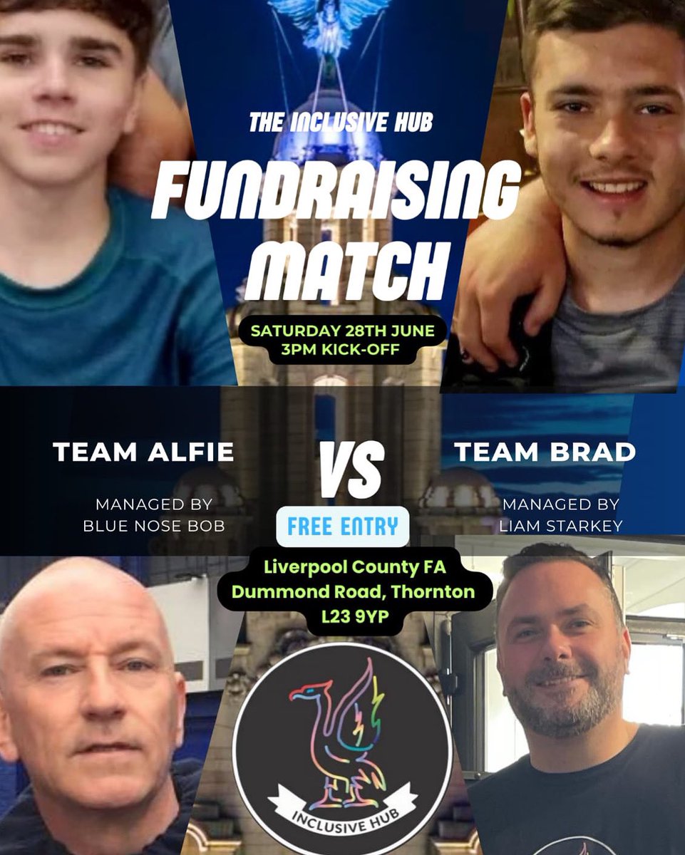 The Inclusive Hub (@liamstarkey84) on Twitter photo Tomorrow at 3pm our charity football match takes place at Liverpool County FA in Thornton.
<a href="/BLUENOSEBOB1878/">Blue Nose Bob 👀</a> and myself will be managing 2 teams made up of players from our community programmes whilst the qualified referee and linesman also access our services.
All Welcome ⚽️👍🏻 Tomorrow at 3pm our charity football match takes place at Liverpool County FA in Thornton.
<a href="/BLUENOSEBOB1878/">Blue Nose Bob 👀</a> and myself will be managing 2 teams made up of players from our community programmes whilst the qualified referee and linesman also access our services.
All Welcome ⚽️👍🏻