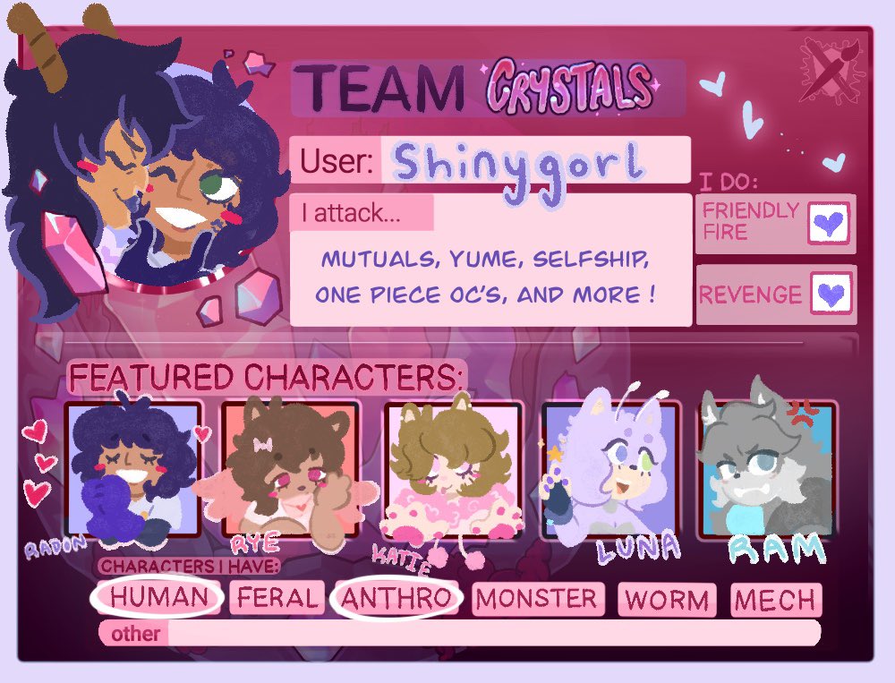 Shiny_gorl's tweet image. Joining artfight again !
Please forgive my character stuff, itโs still a work in progress. But my main profile is set up ! Feel free to follow me :)
artfight.net/~Shinygorl