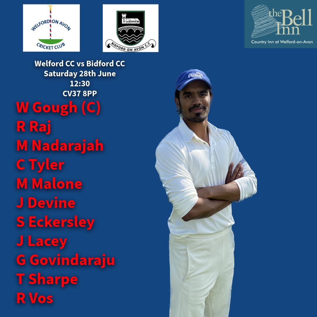Team news in as Welford host local rivals Bidford down the meadow tomorrow 

A short hop over the bridge will see Bidford arrive after a hard fought friendly win over Welford last Sunday 

Vos makes a return looking to add to his list of 1 liners

JD making his league return 🏏
