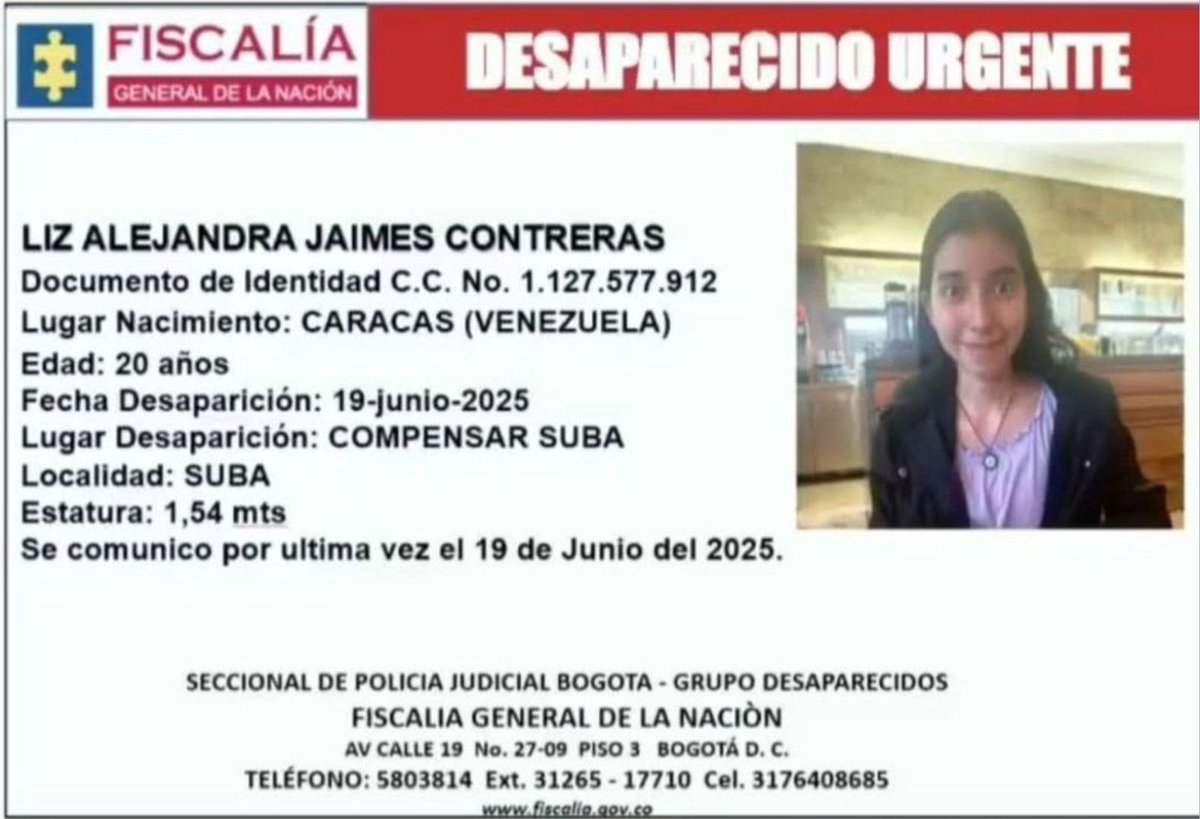 Por favor, ayúdanos a difundir. Buscamos a Liz Alejandra en Bogotá 📢📢📢