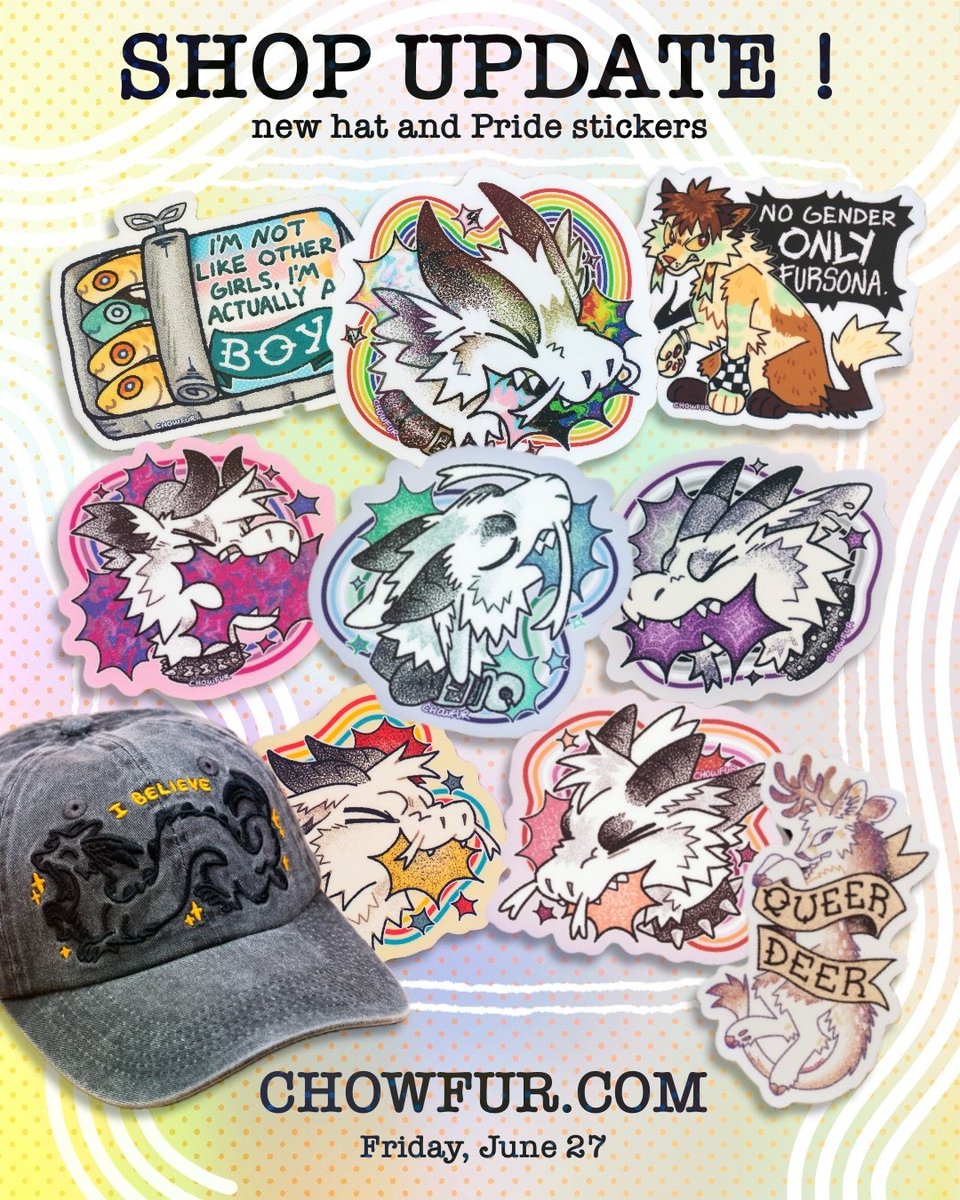chowfur's tweet photo. i just added a new hat and a bunch of Pride stickers~ https://t.co/AB7vWKkte6