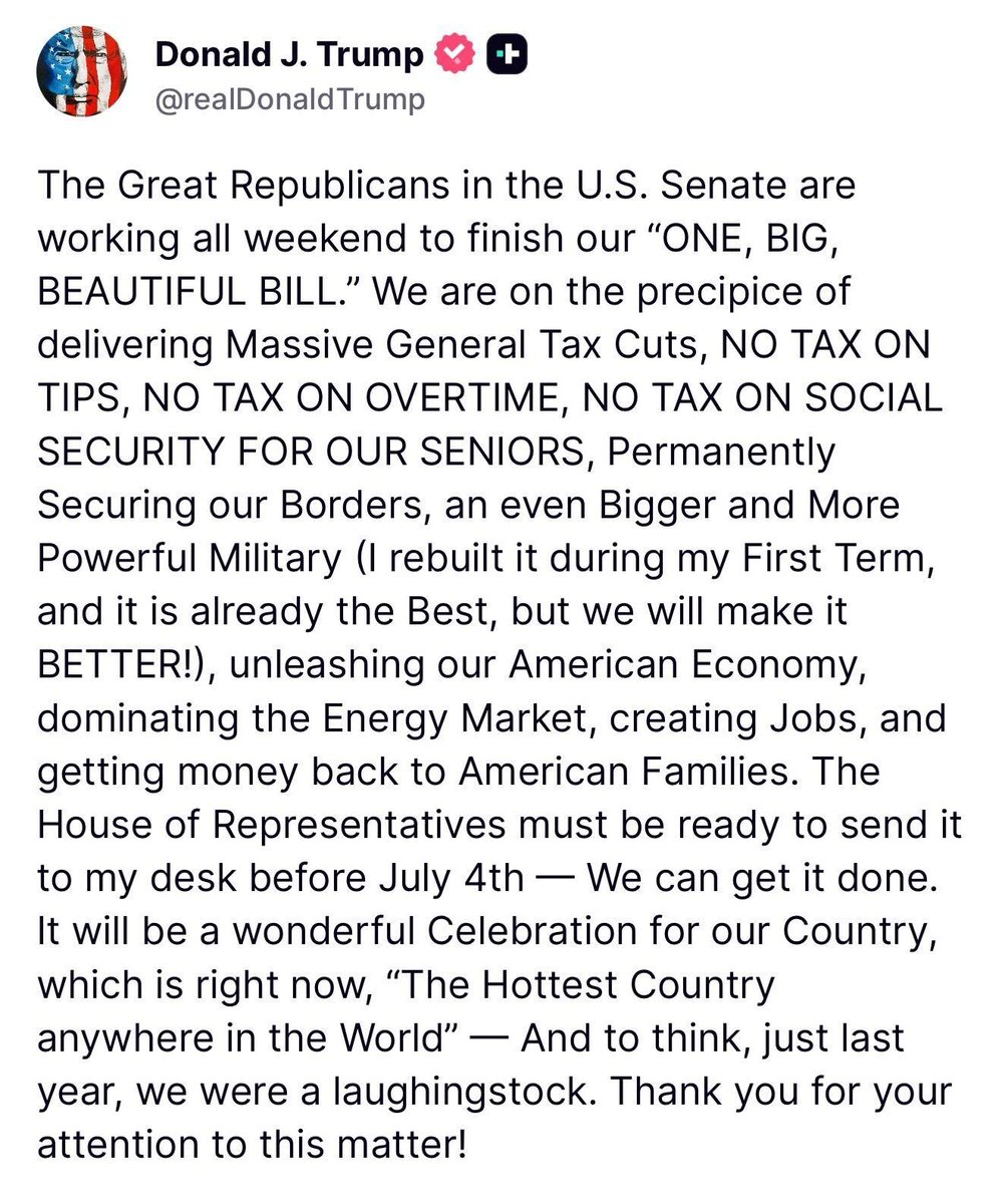 The Senate is going to be...

Wait for it...

WORKING THROUGH THE WEEKEND on the "Big Beautiful Bill."

Pinch me. I must be dreaming...