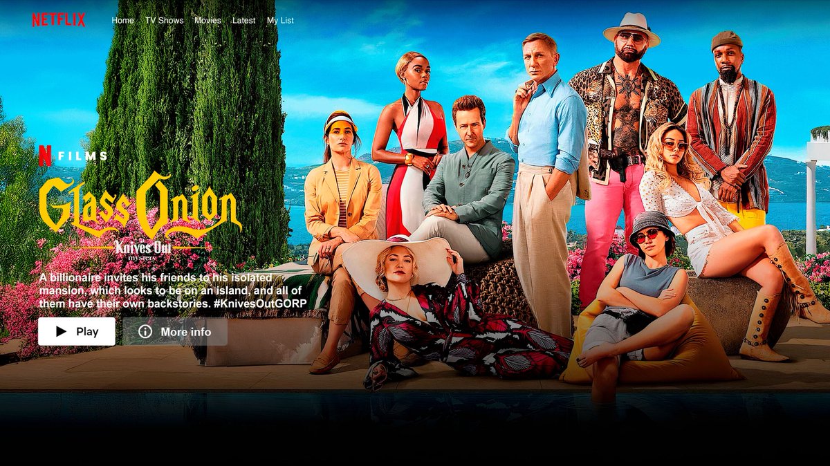 𝗡𝗲𝘁𝗳𝗹𝗶𝘅 𝖯𝗋𝗈𝖽𝗎𝖼𝗍𝗂𝗈𝗇𝗌 ᴿᴾ
𝗠𝗼𝘃𝗶𝗲 • 2025 › 𝗠𝘆𝘀𝘁𝗲𝗿𝘆

📺— Next month on 𝗡𝗘𝗧𝗙𝗟𝗜𝗫: #KnivesOutSD Tech billionaire Miles Bron invites his friends for a getaway on his private Greek island.