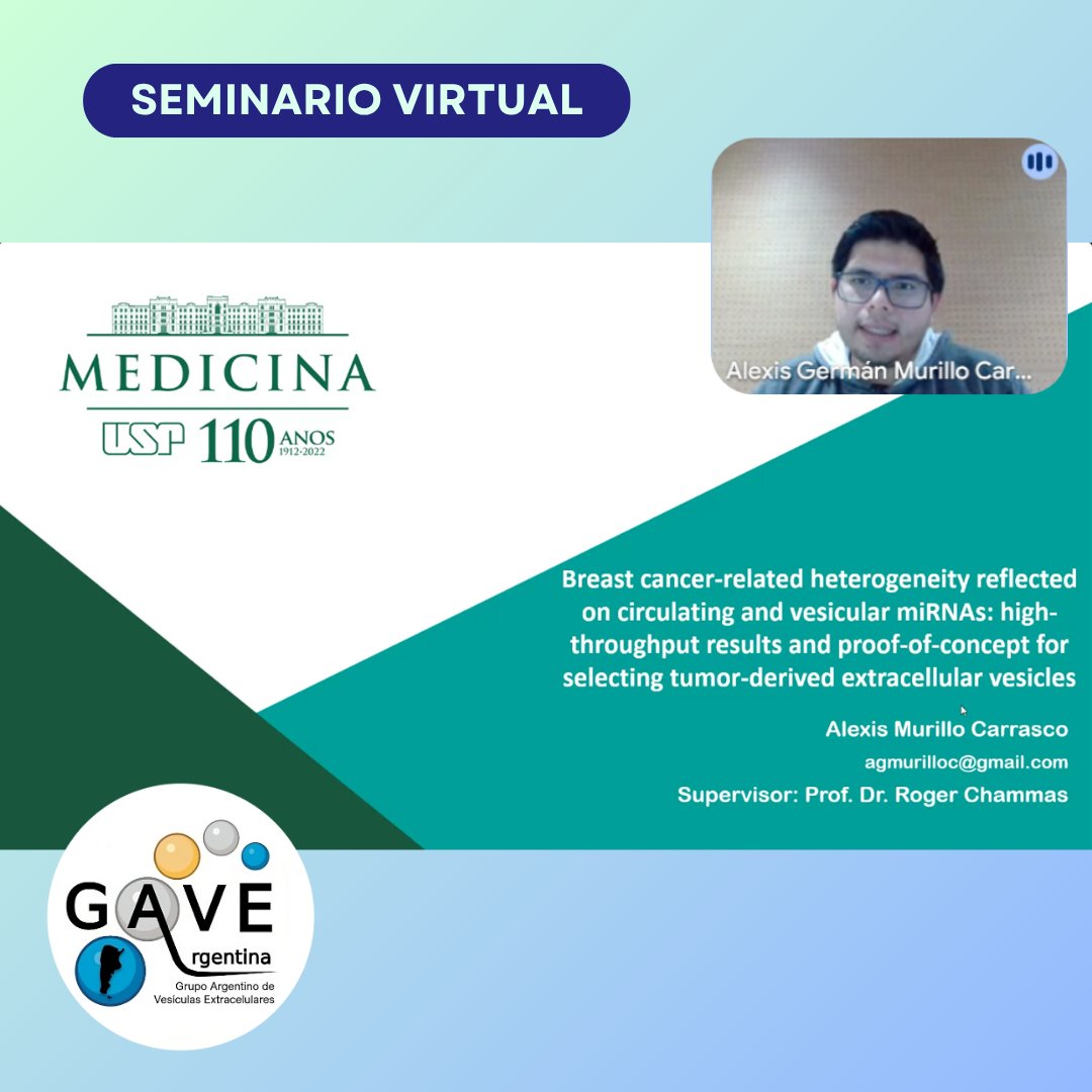 gave_arg's tweet image. 1⃣🎉Agradecemos enormemente la participación de Alexis Murillo Carrasco en el seminario de hoy!
¡Esperamos seguir colaborando en la difusión de nuestro trabajo en vesículas extracelulares!
#VEs #vesiculasextracelulares #exosomas #EVs #exosomes